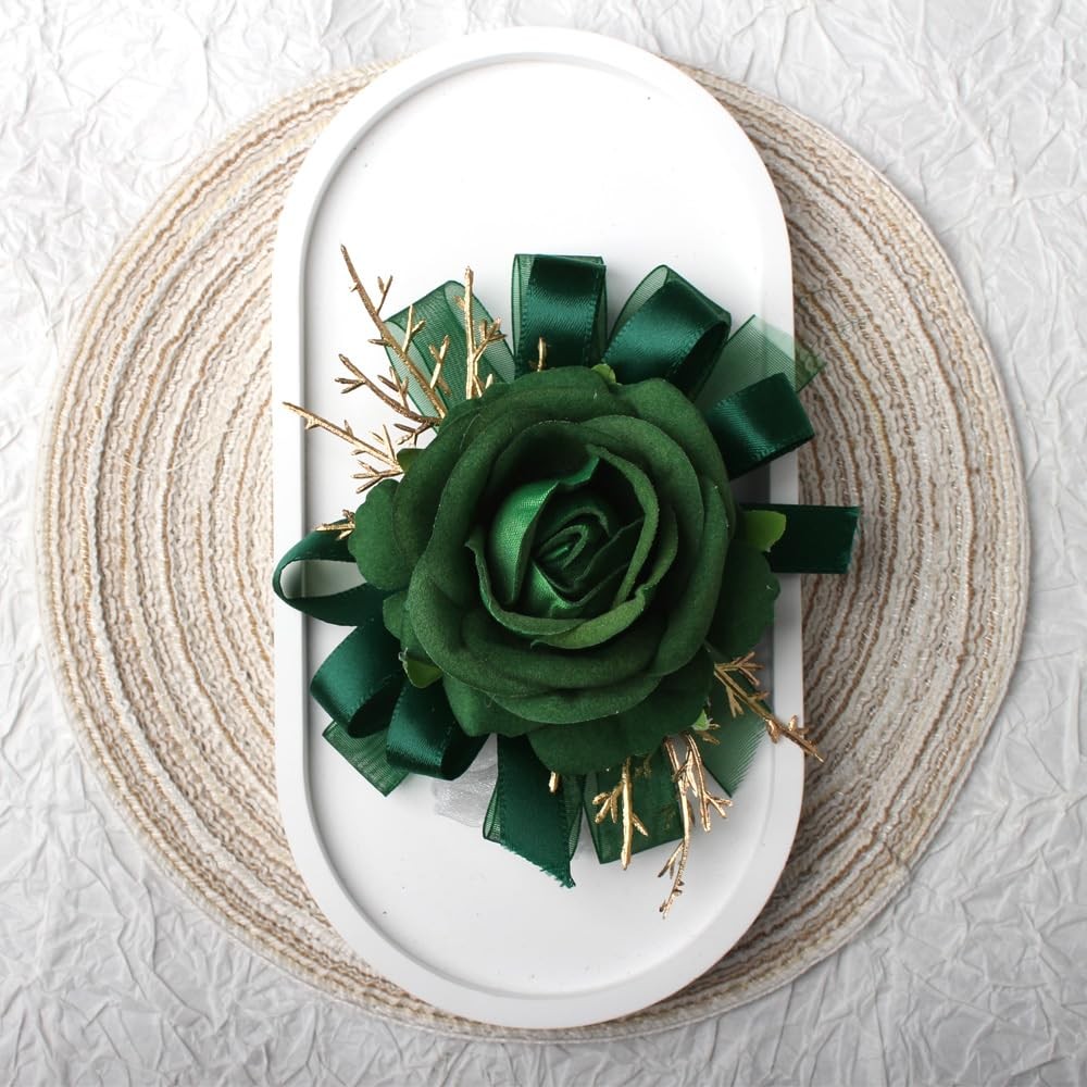 Green Rose Wrist Corsage Wristlet and Boutonniere Set for Prom Decoration 2 PCS