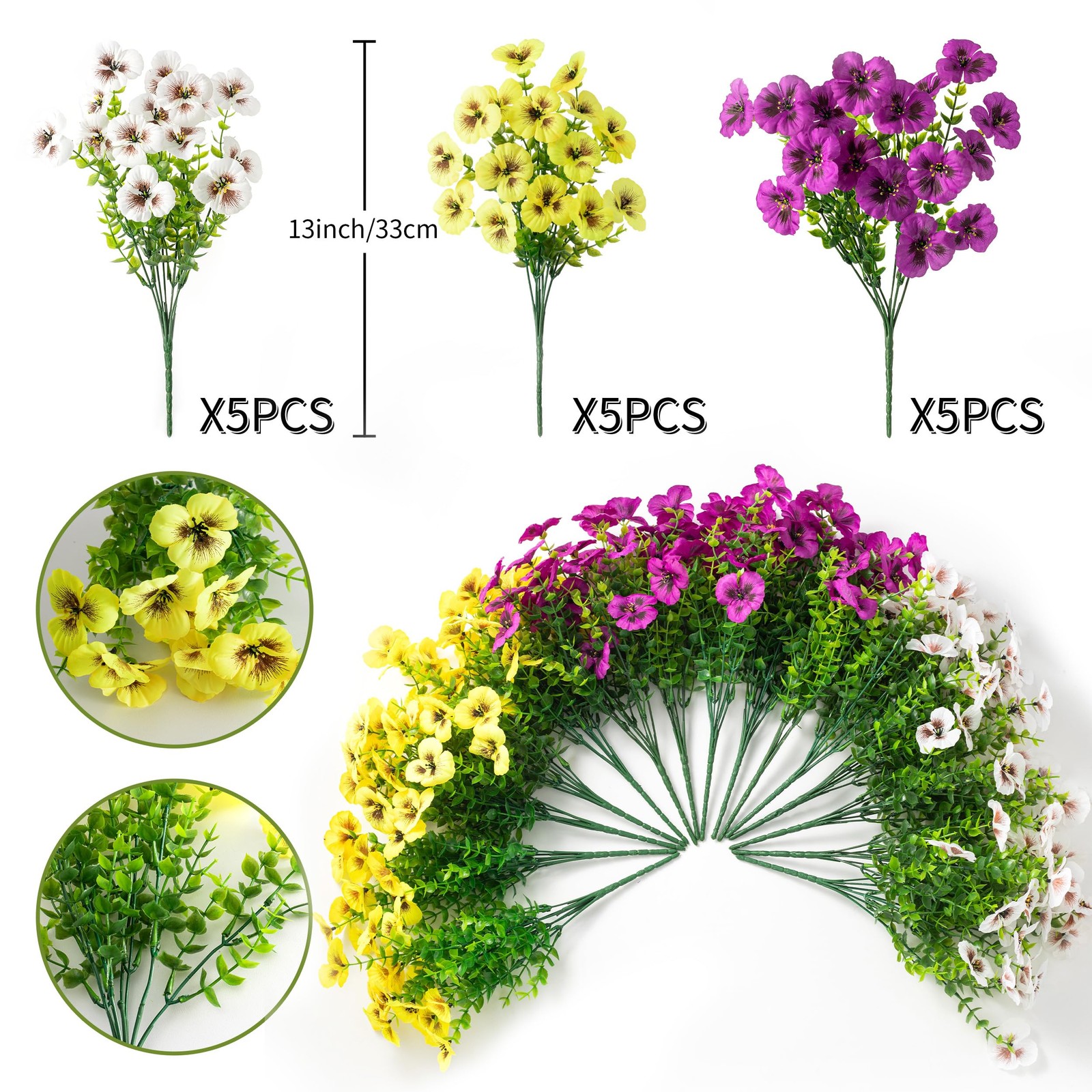 Silk Pansy Flowers UV Protected Outdoor Flowerpot Decor 15 Pcs