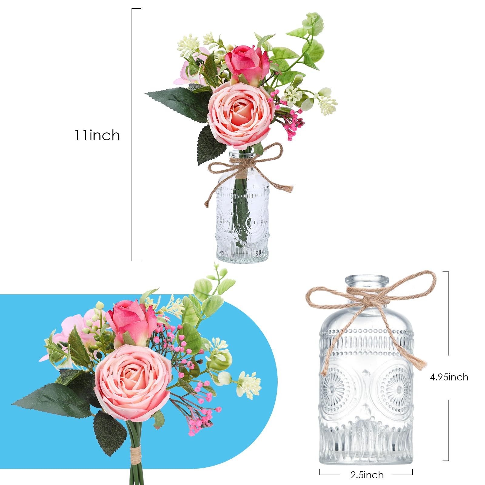 Flowers Bouquet in Small Vase – Pink Rose Artificial Fake Centerpiece Potted …