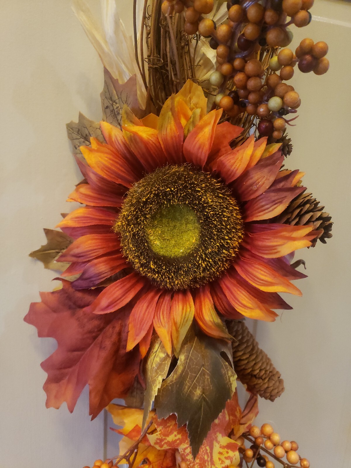 FLORAL & GRAPEVINE TEARDROP SWAG SUNFLOWER BERRIES PUMPKIN PINECONES 25″ LONG