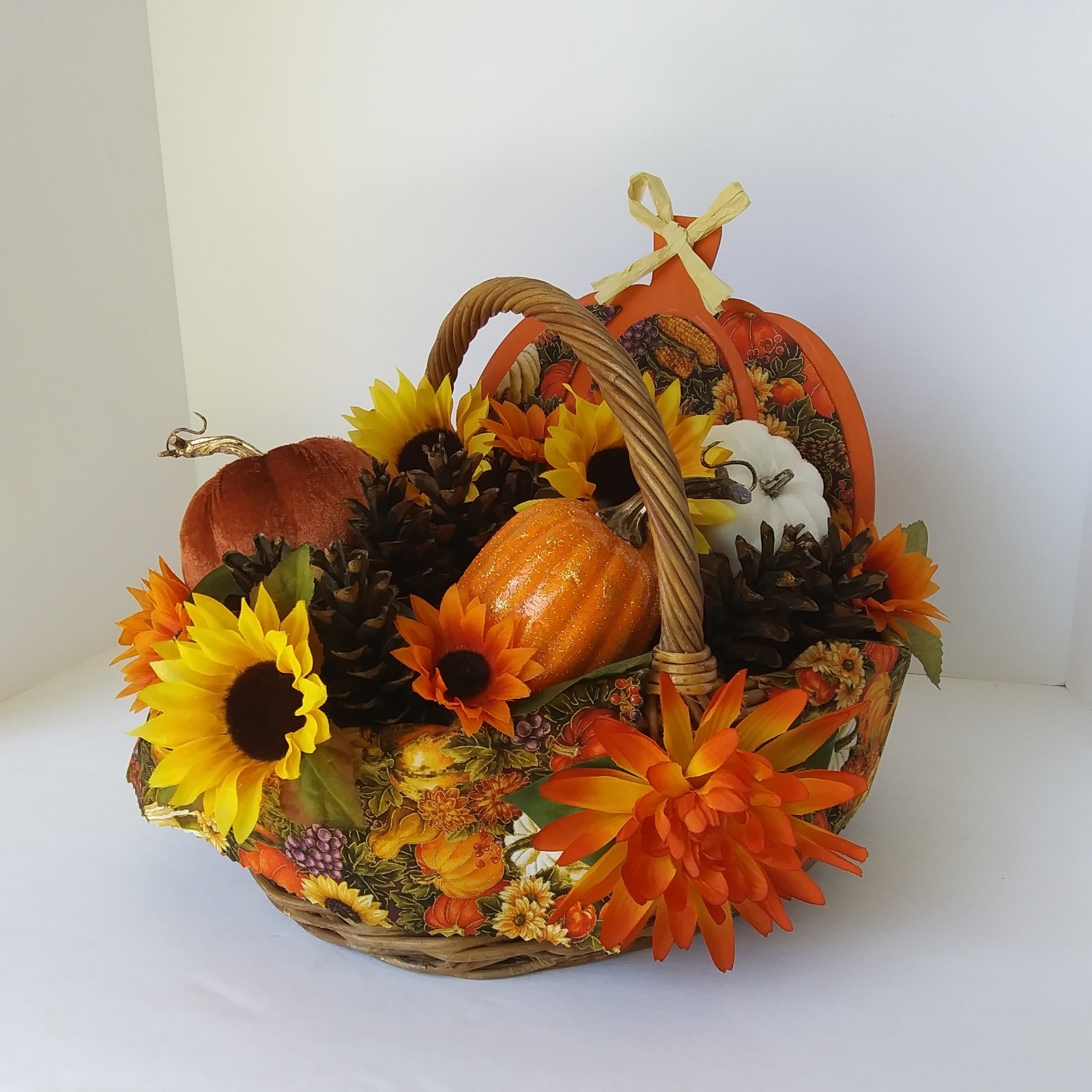 Fall Harvest Basket Centerpiece Sunflowers Pumpkins Pinecones Autumn Décor
