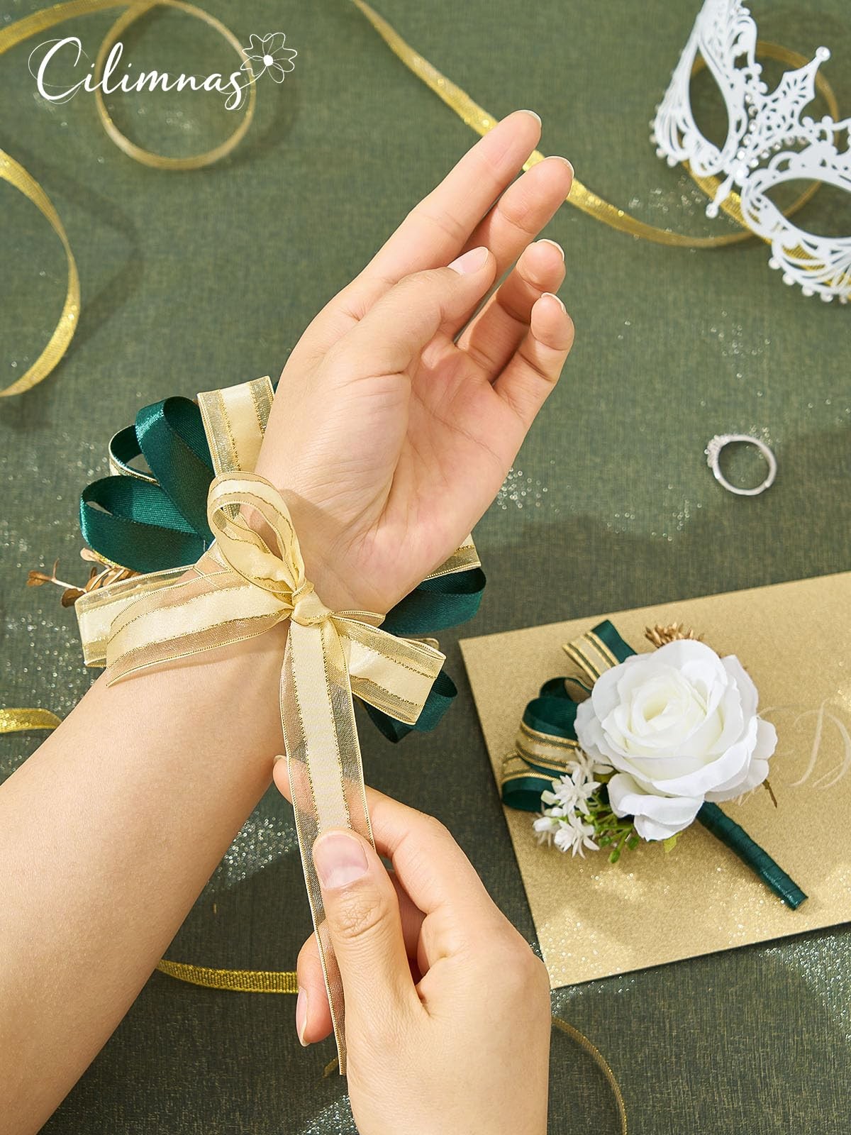 Prom Corsage Boutonniere Set Artificial Silk Ivory Rose Dark Green Ribbon