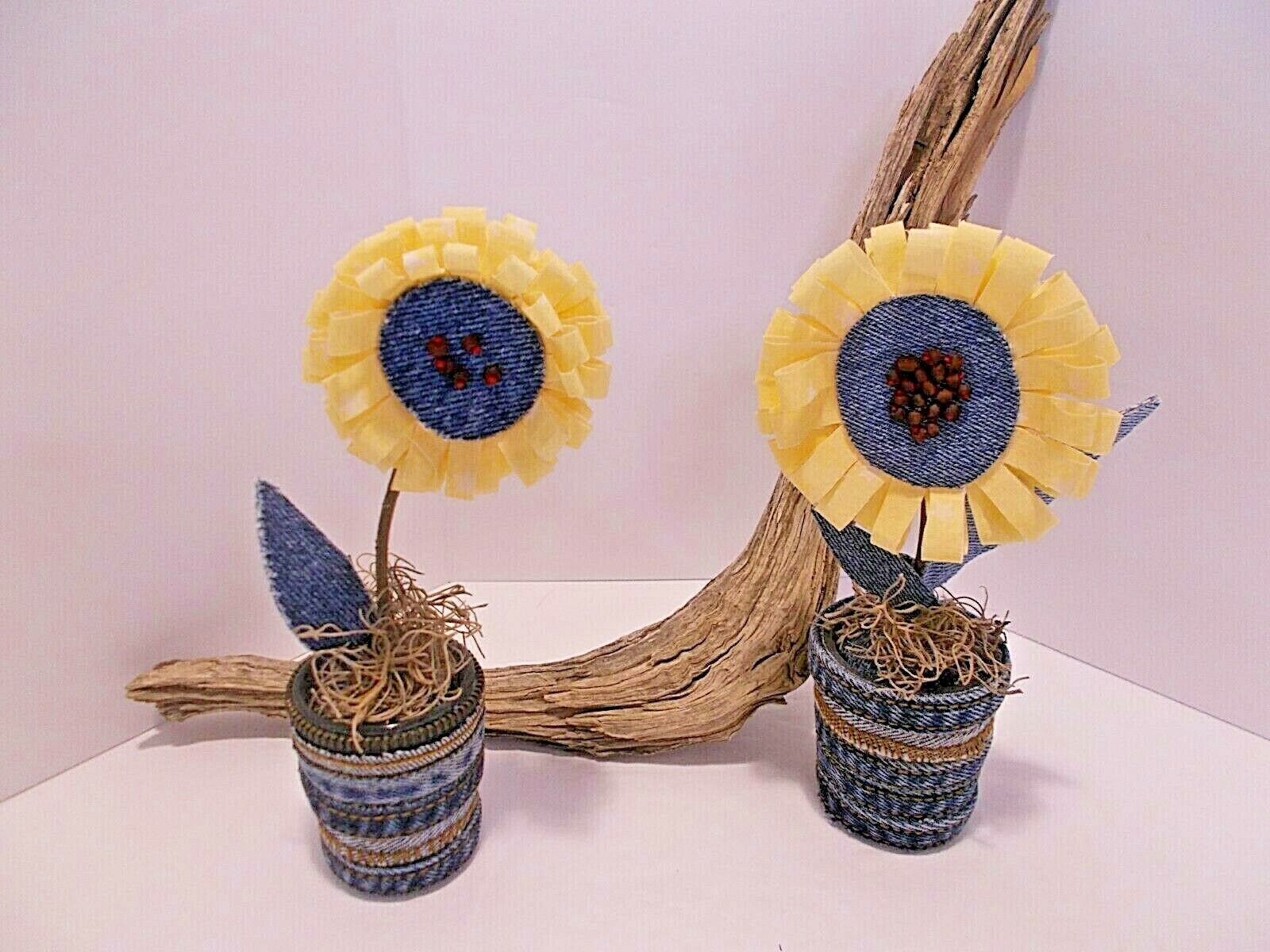 Fabric and Denim Sunflowers in Tiny Denim and Zipper Vases Set of 2 Handcrafted