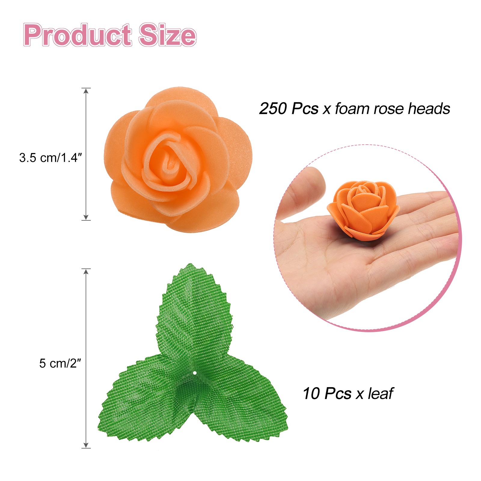 250pcs Foam Rose Heads 1.4 Inch with 10pcs Leaves for DIY Crafts , Orange
