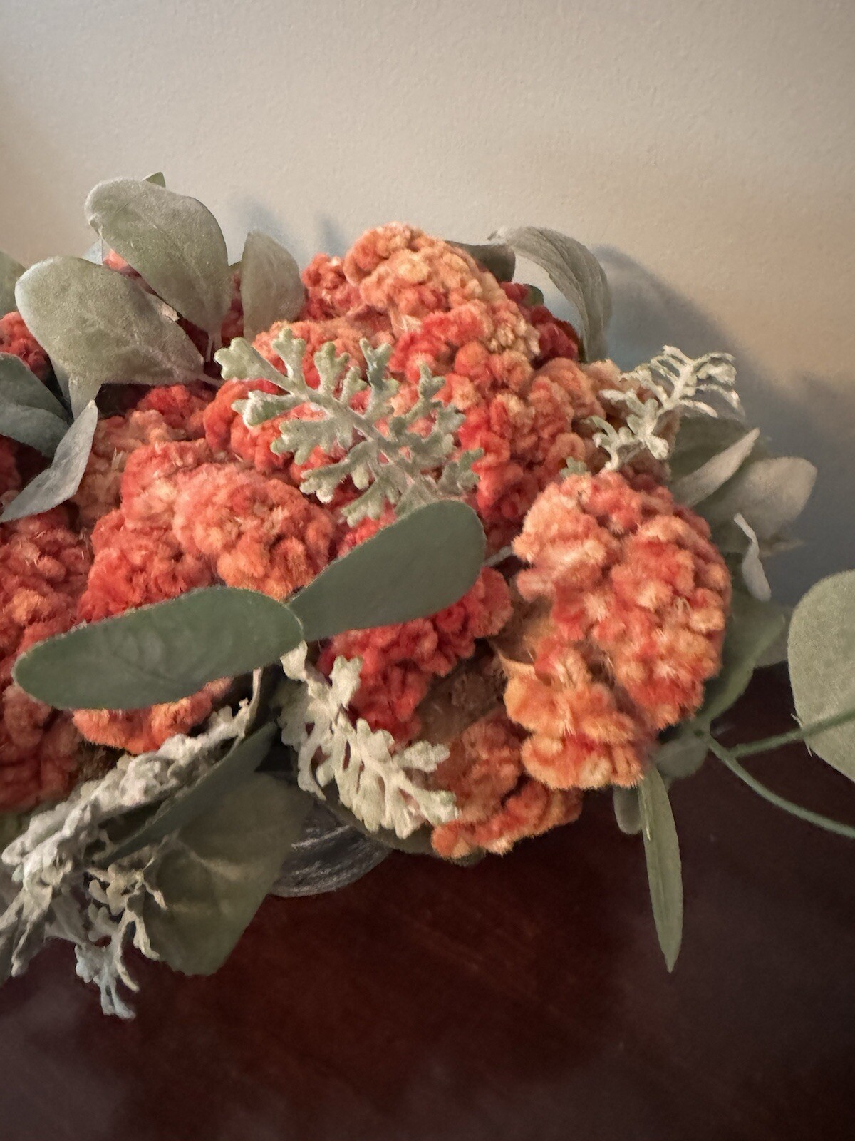 Orange Dried Floral Centerpiece Decor & Faux Green Leaves Metal Base Wooden Box