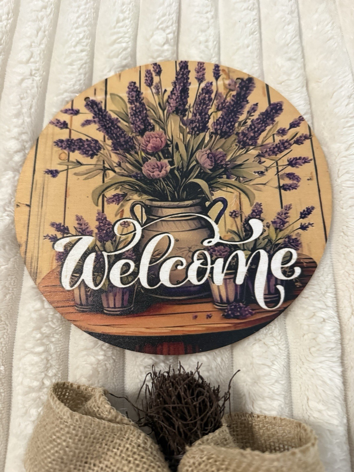 Farmhouse PURPLE Lavender Teardrop Hanging Flower Wreath And Welcome Sign Decor