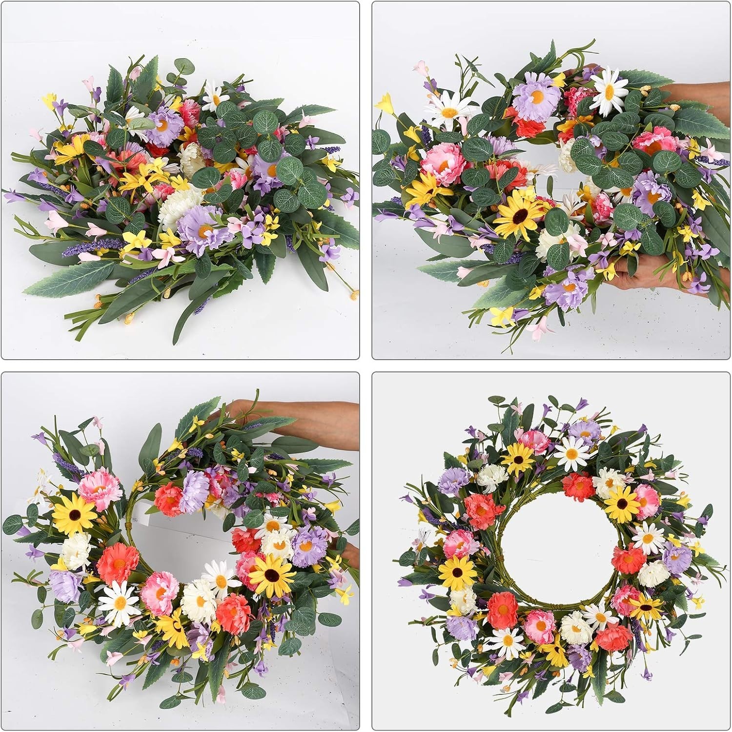 Durable 20-Inch Door Wreath with Purple, Yellow, White Flowers & Eucalyptus