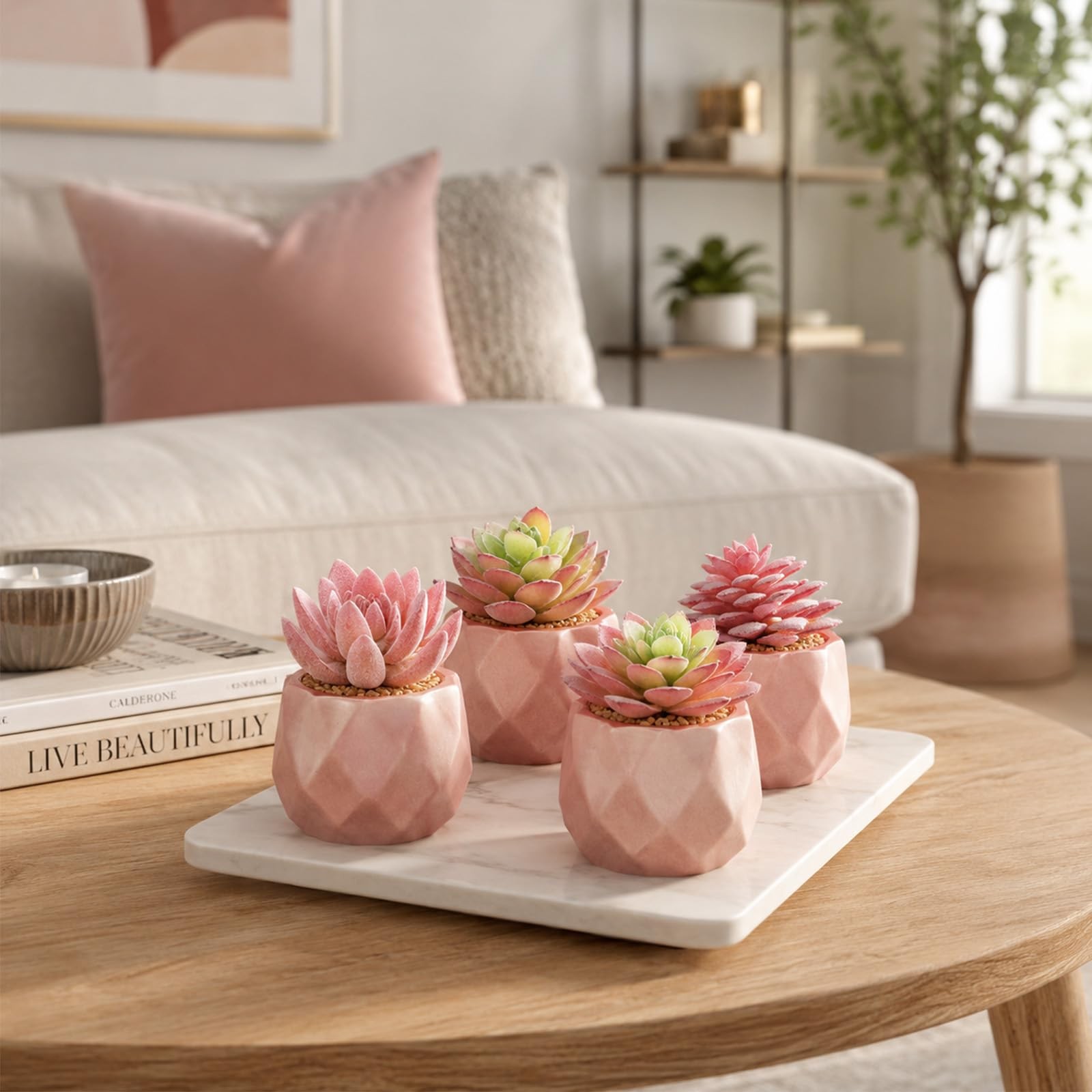 4 Pack Artificial Faux Succulents in Pots, Mini Rose Gold Fake Plants for Des…