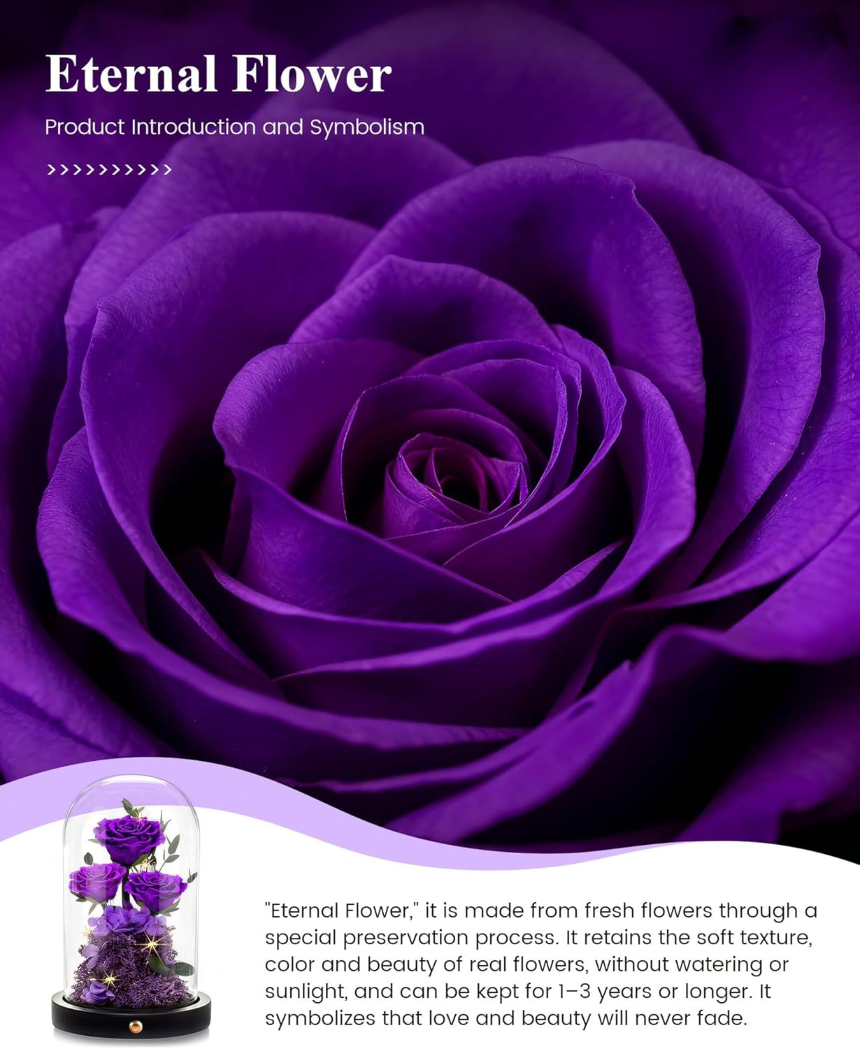 Mothers Day Roses Gifts for Mom,Forever Purple Preserved Rose in Glass Dome,Moth