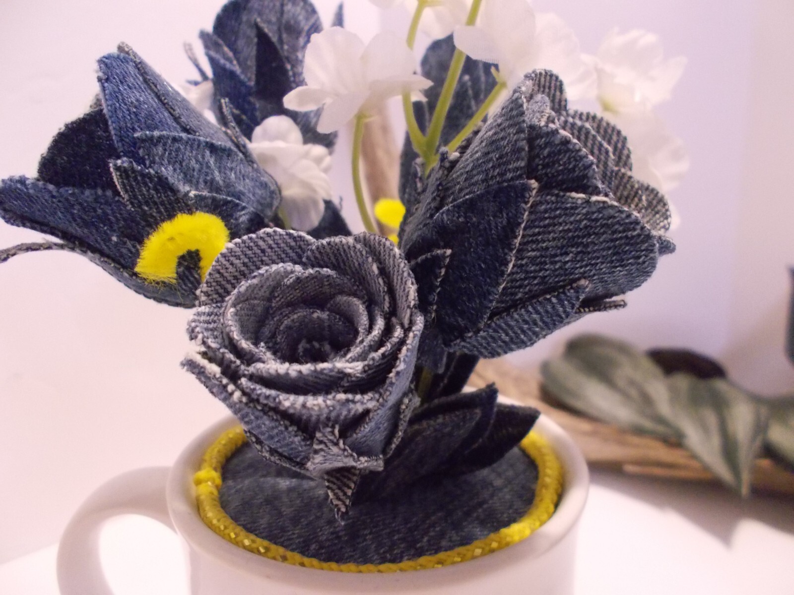 Southpaw Comics Coffee Mug w Handmade Denim Roses and Denim Seams Jar Vase