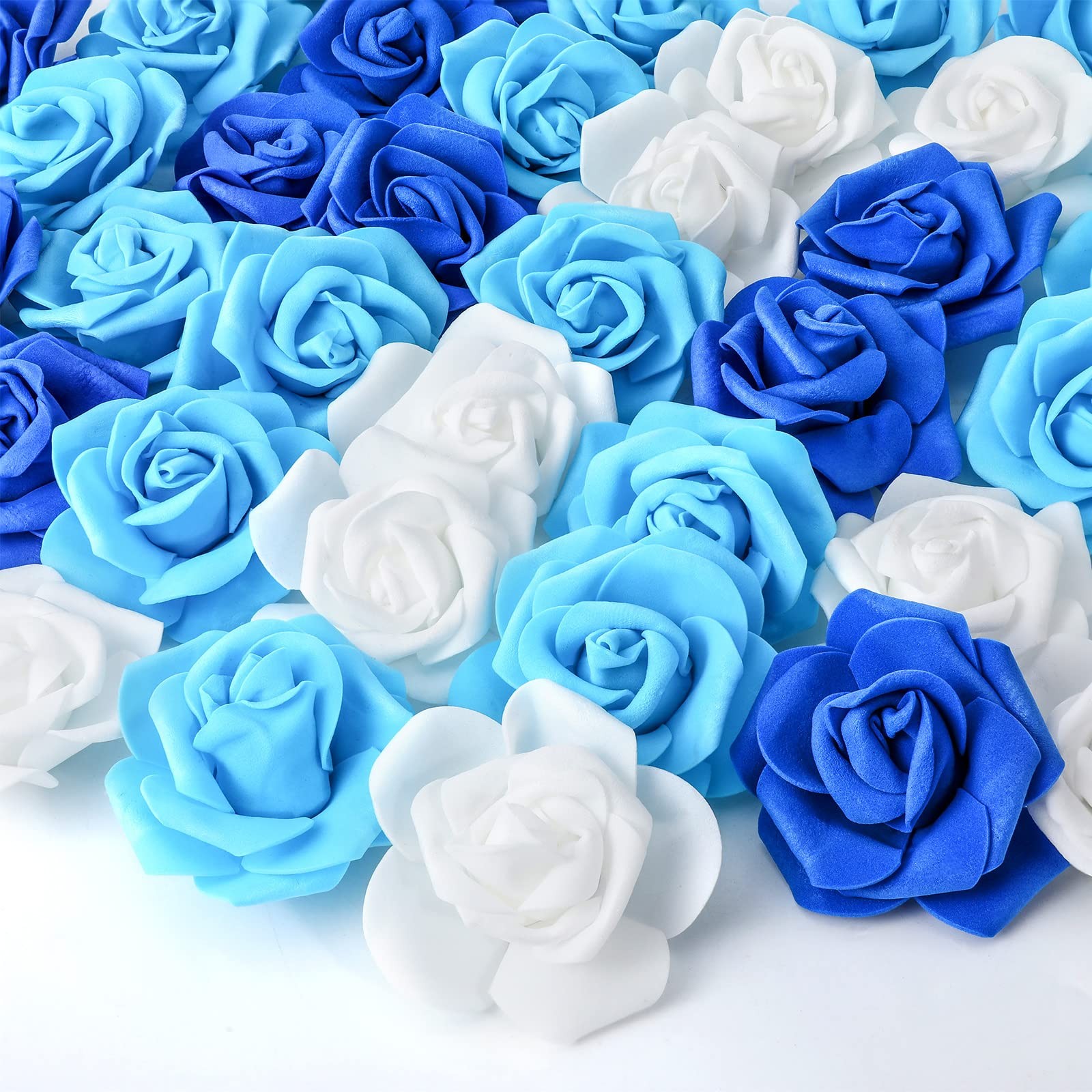 200 PCS 2.76 Inch White Blue Artificial Foam Rose Flower Heads Bulk Centerpiece