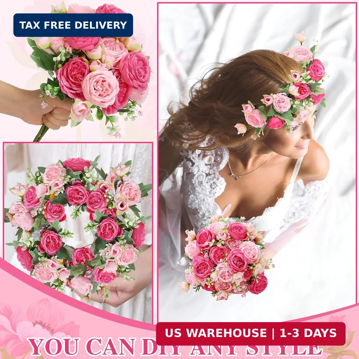 16 Pack Pink,Hot Pink Peonies Artificial Flowers,Fake Silk Hydrangea Bouquet for