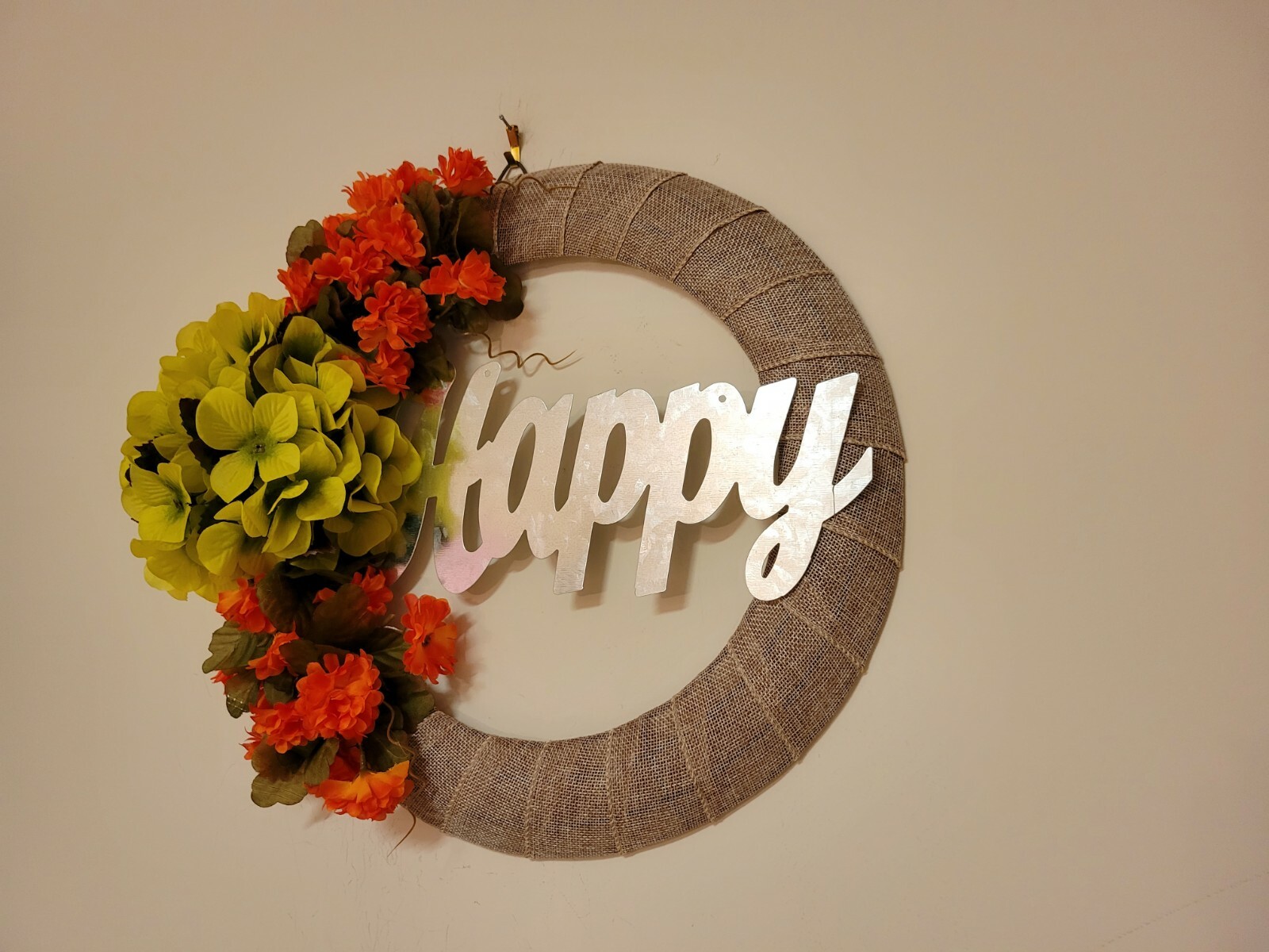 HAPPY Hydrangeas Mum burlap WREATH FALL autumn Decor Front Door 15″ orange green