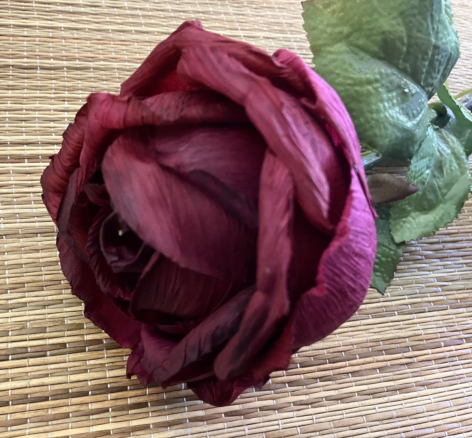 Vintage French 90’s Artificial Dark Red Cabbage ROSE Flower w/ Leaves, Long Stem