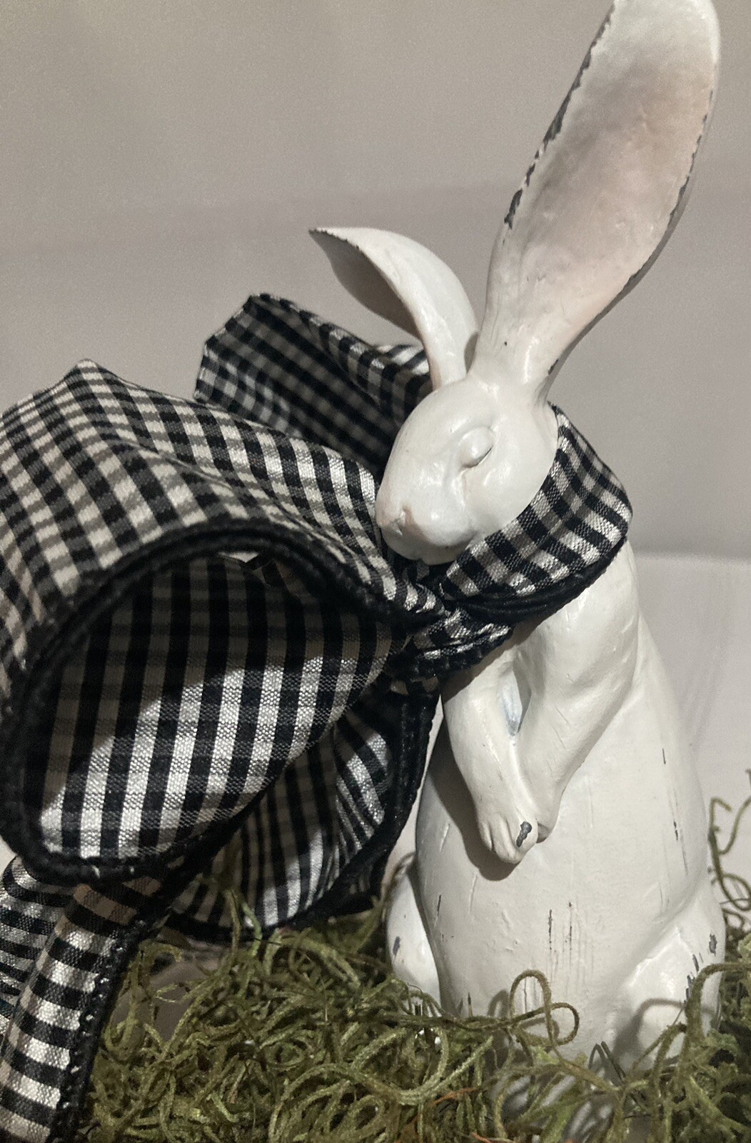 White Bunny With A Black And White Checked Scarf Floral Arrangement
