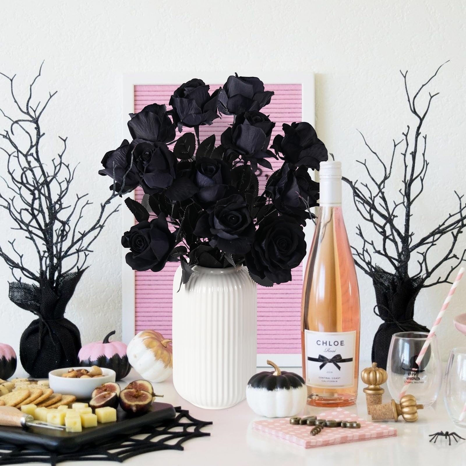 12 Pcs Black Artificial Roses with Long Stem – Realistic Faux Silk Floral Bouque