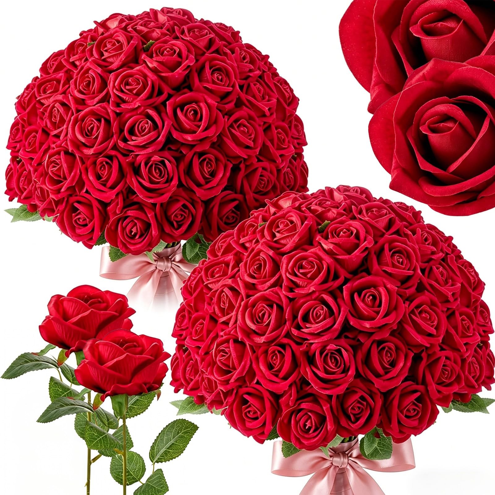50 Pcs Red Roses Artificial Flowers, Fake Velvet Silk Rose Bulk Faux Flower, …