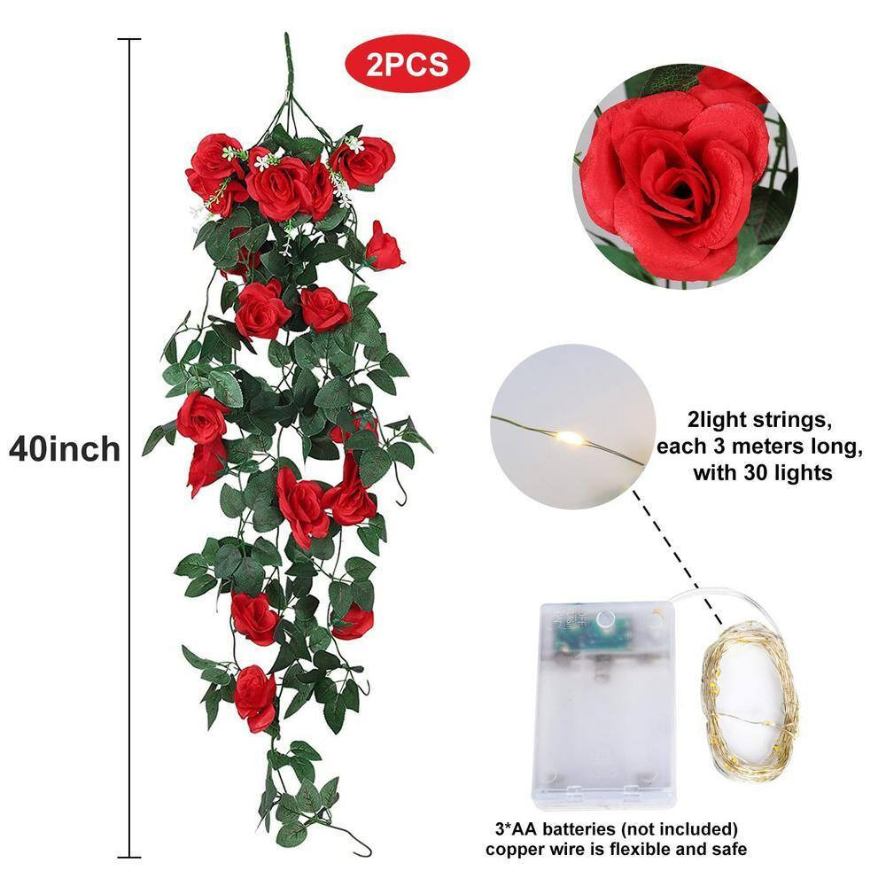3.3 Ft. Red Artificial Rose Hanging Flowers with 3 0 LED Fairy String Lights (Se