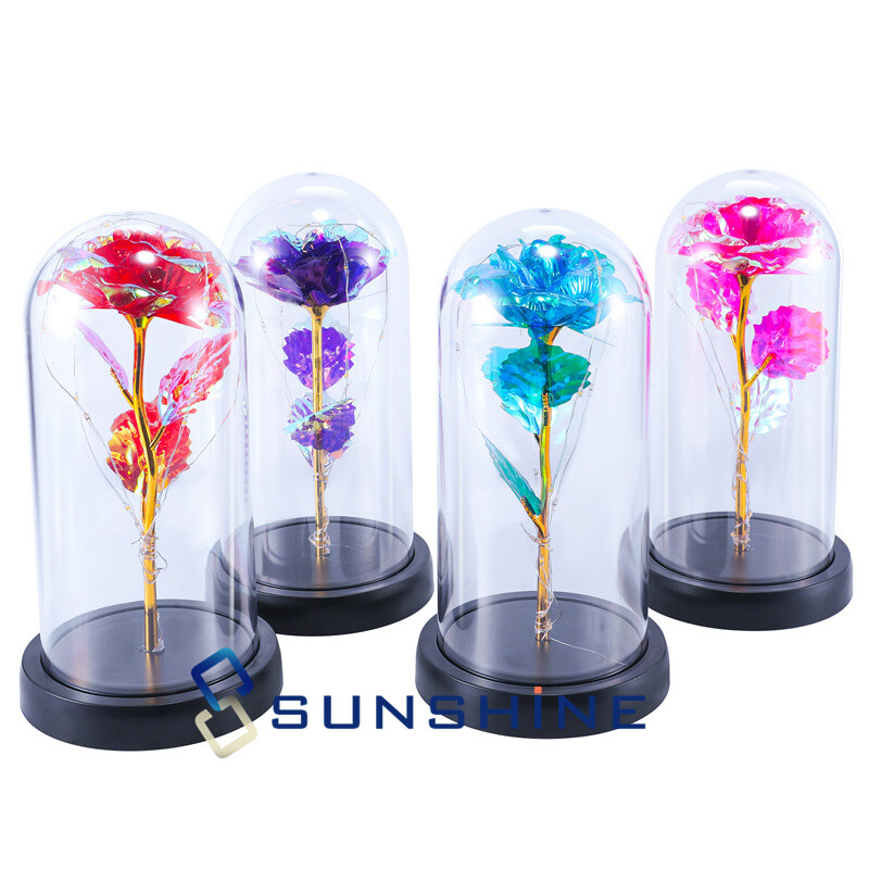 Rosa de galaxia con luz LED de cristal en cúpula, flor eterna de aluminio regalo