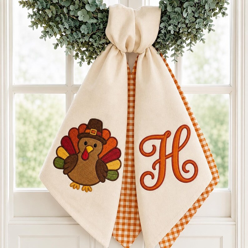 Custom Embroidered Monogrammed Thanksgiving Turkey Wreath Sash Autumn Decor
