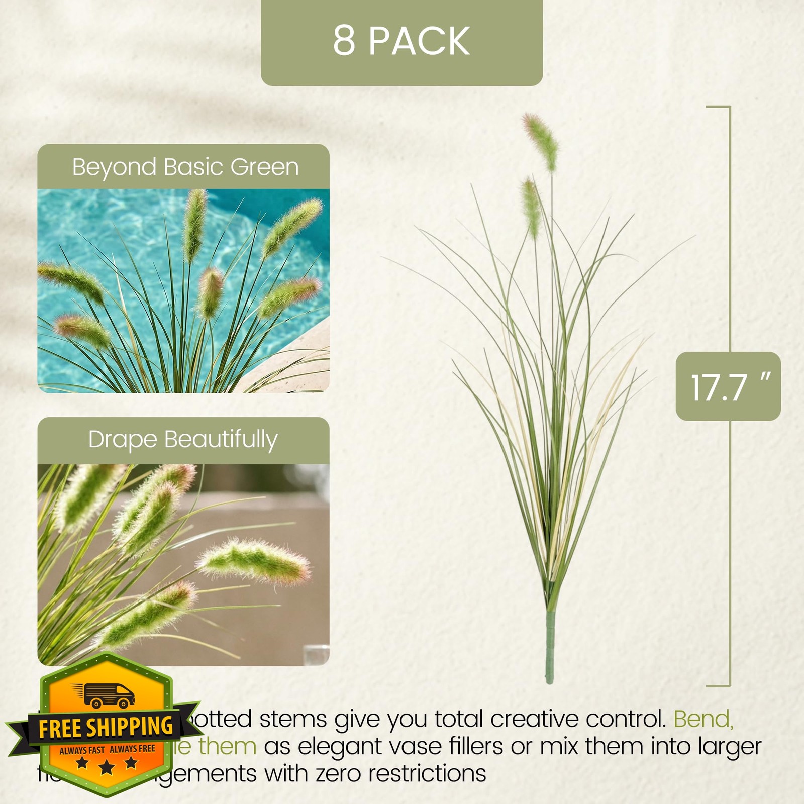 8 PCS Artificial Bunny Tail Grass Stems 17.7in Faux Dried Vase Filler | Plant…