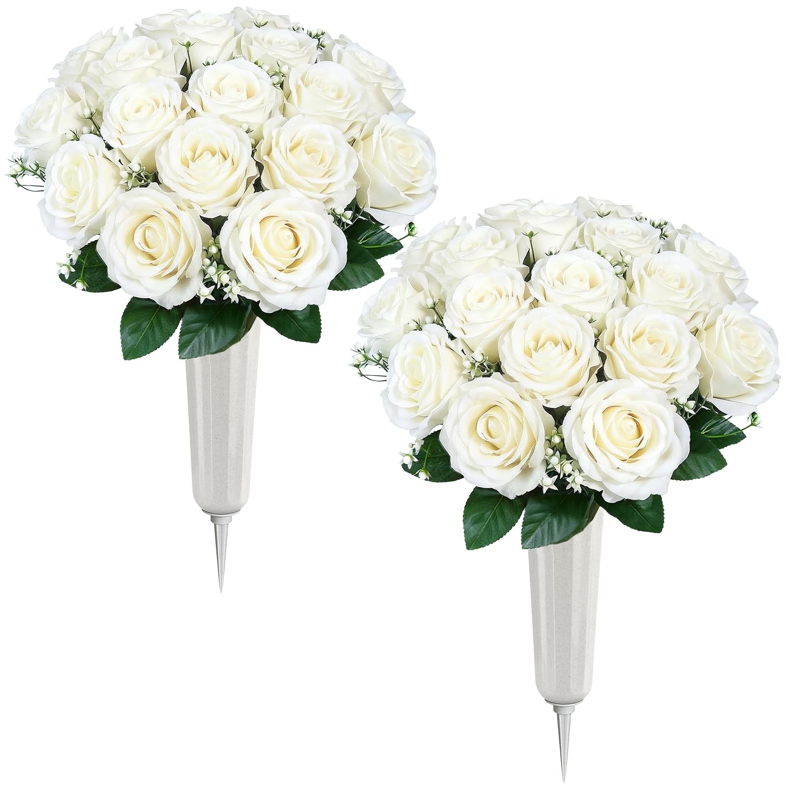 Artificial Cemetery Flowers 2 Sets UV Resistant White Silk Roses Outdoor