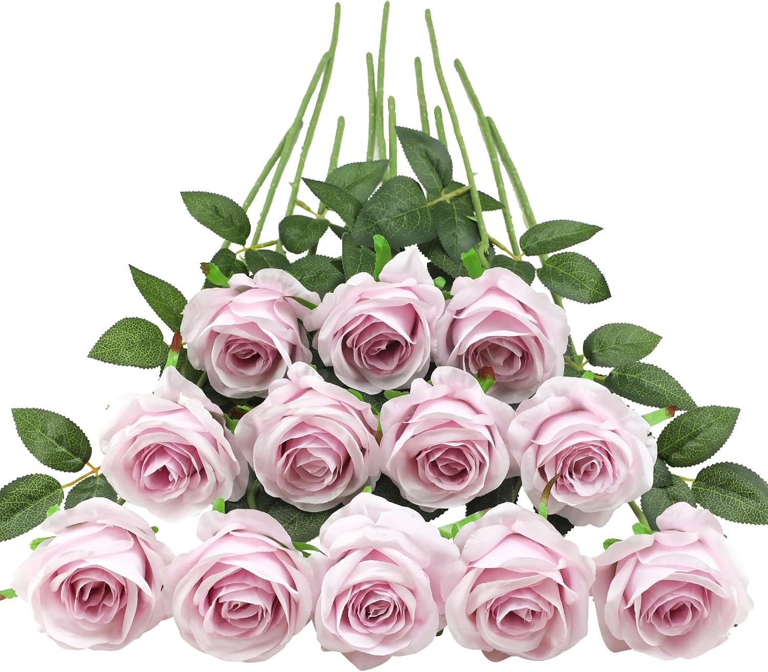 12 Pcs White Roses Long Stem, Artificial Silk Bouquet Wedding DIY