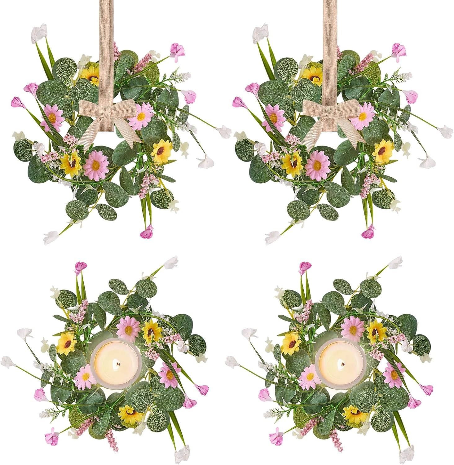 4 PCS Eucalyptus Taper Candle Rings Wreaths White Berry 1.38″ Mini Spring Summer