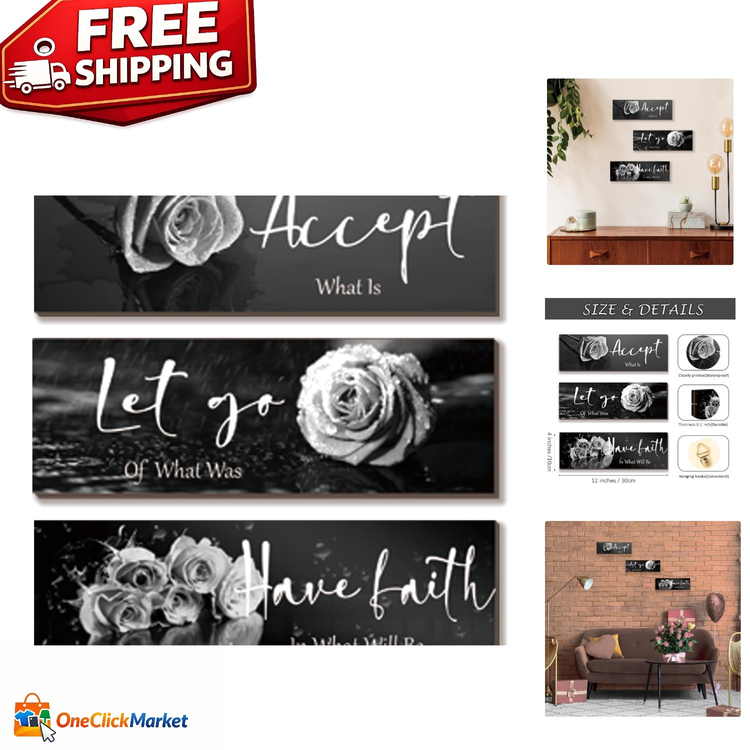 3-Piece White Rose Wall Decor with Inspirational Quotes | 12×4 Modern Art