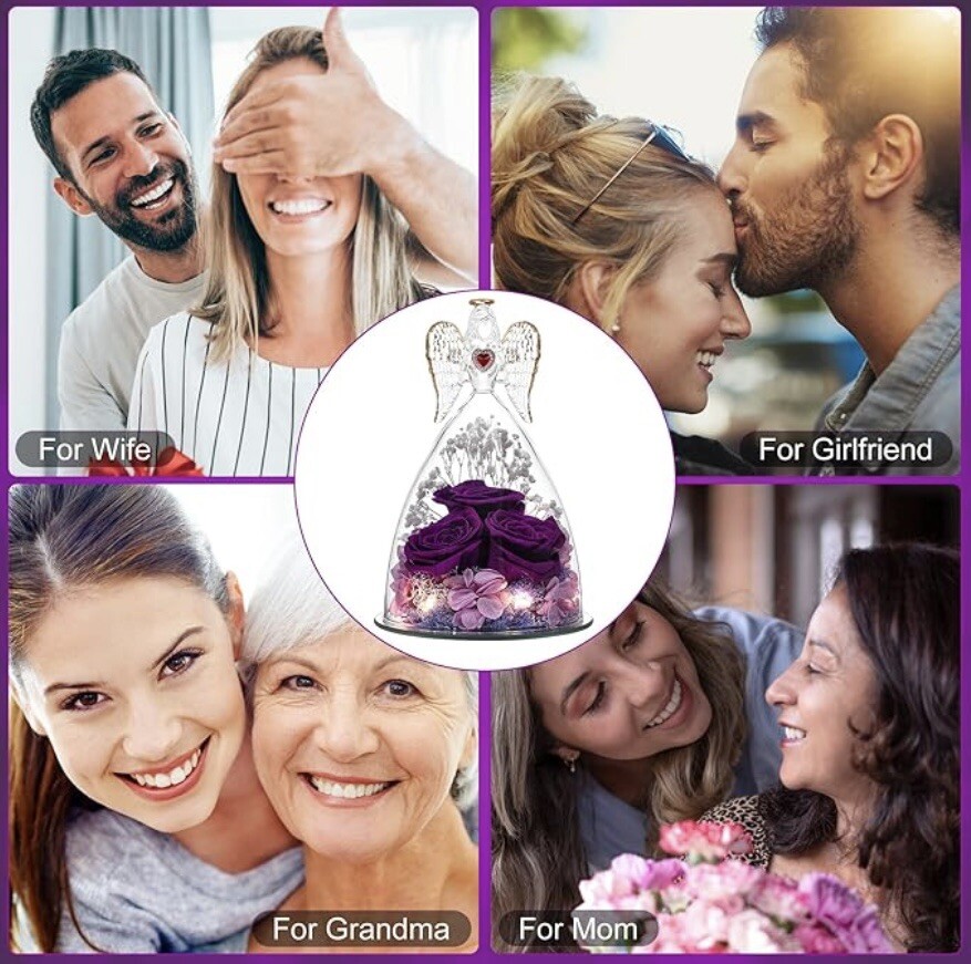 Preserved Flowers Gifts for Women, Mom Wife Grandma, Angel Figurine with Rose…