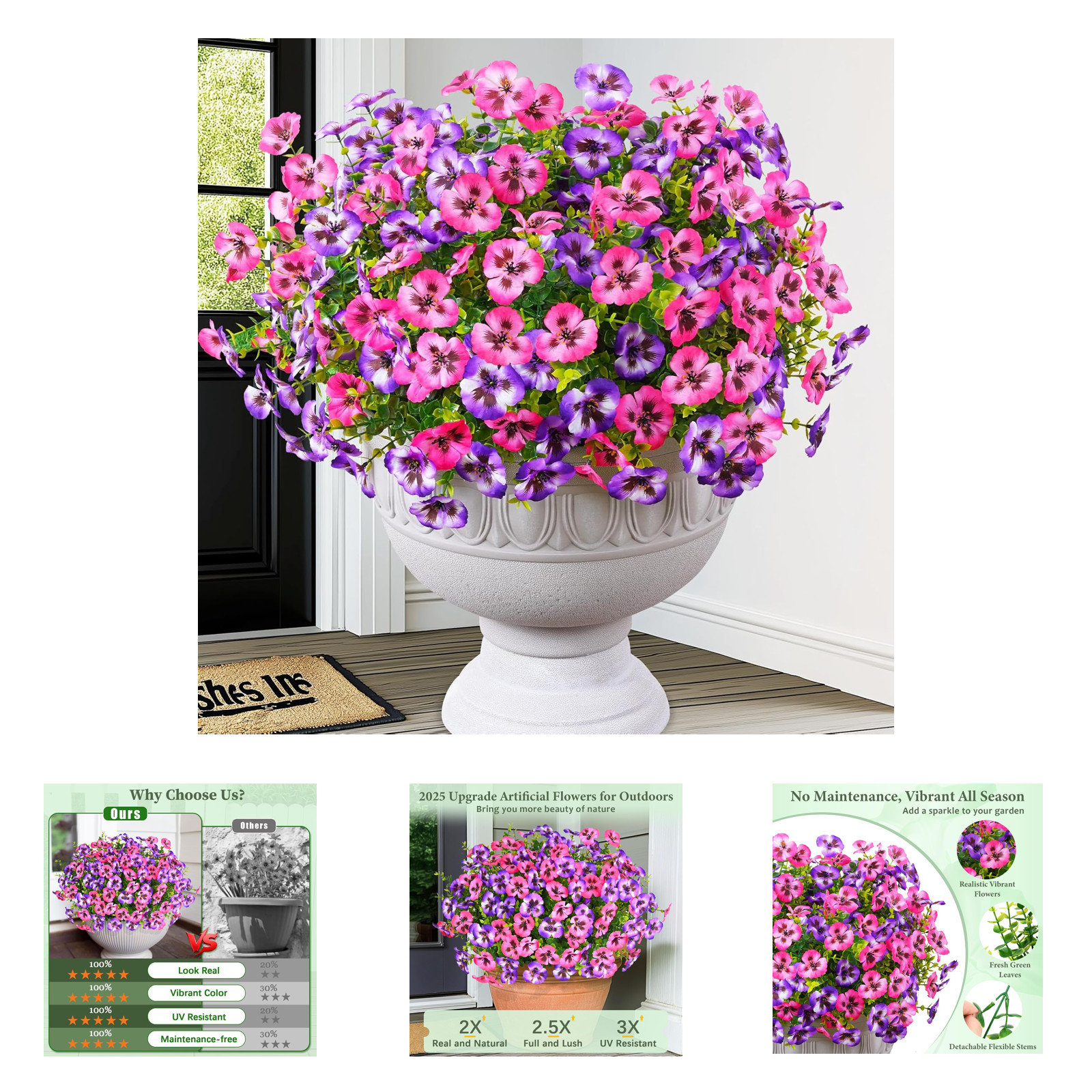 Artificial Flowers for Outdoors, UV Resistant Faux Pansy Flowers, 12 Bundles