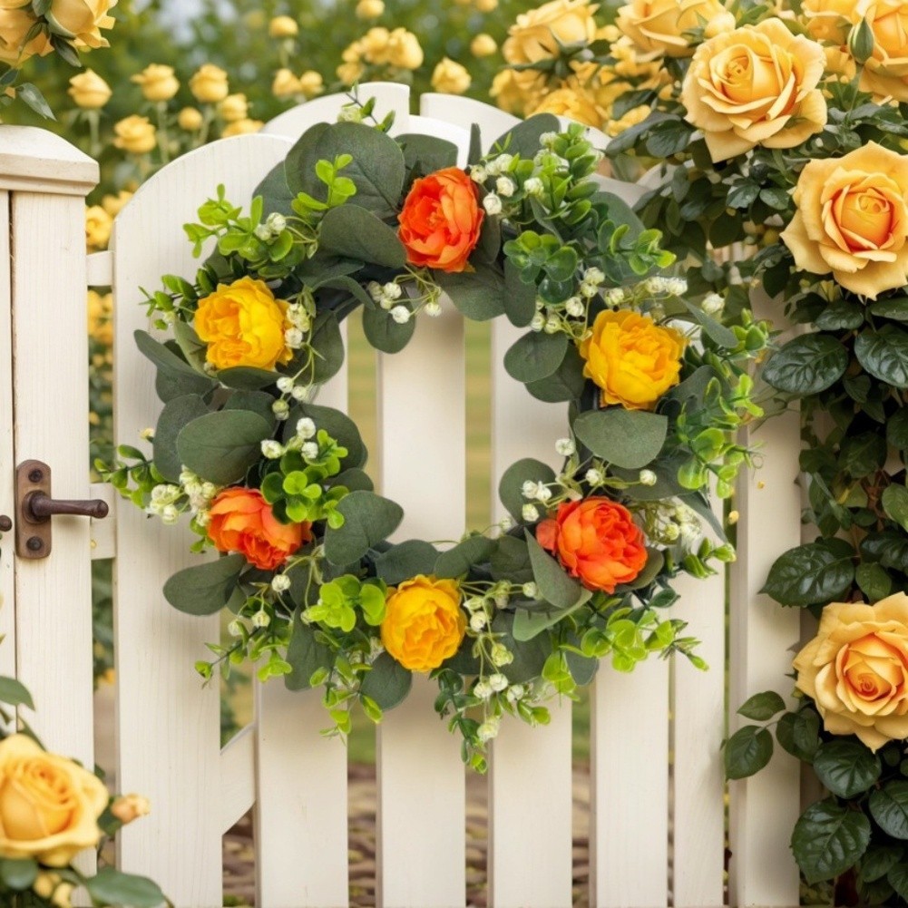 For Home Decor Artificial Wreath 38cm with Peonies Eucalyptus Plastic Material