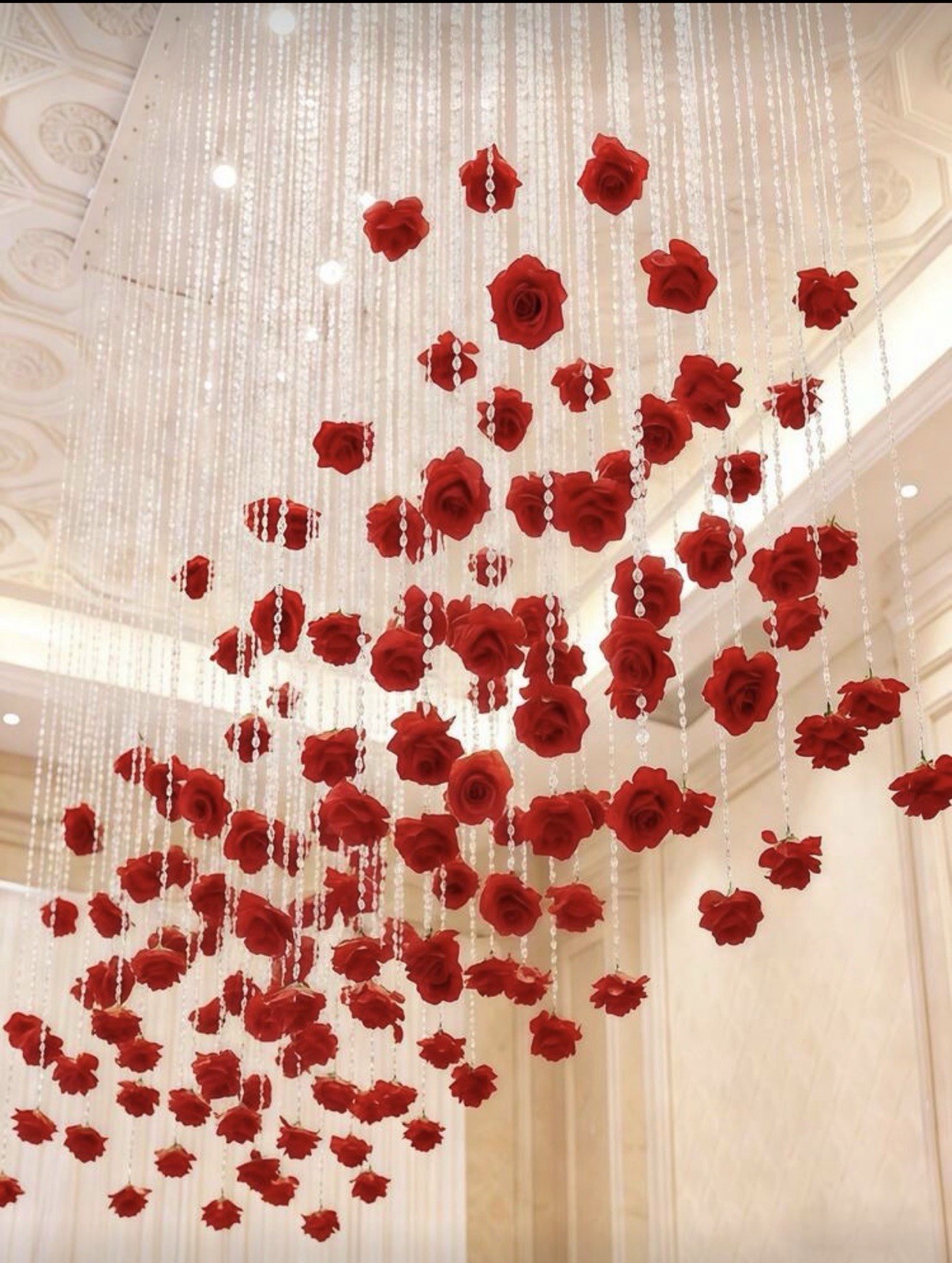 Artificial Red Rose Hanging Decor with Crystal Bead Strands, 7cm Roses 21 pcs