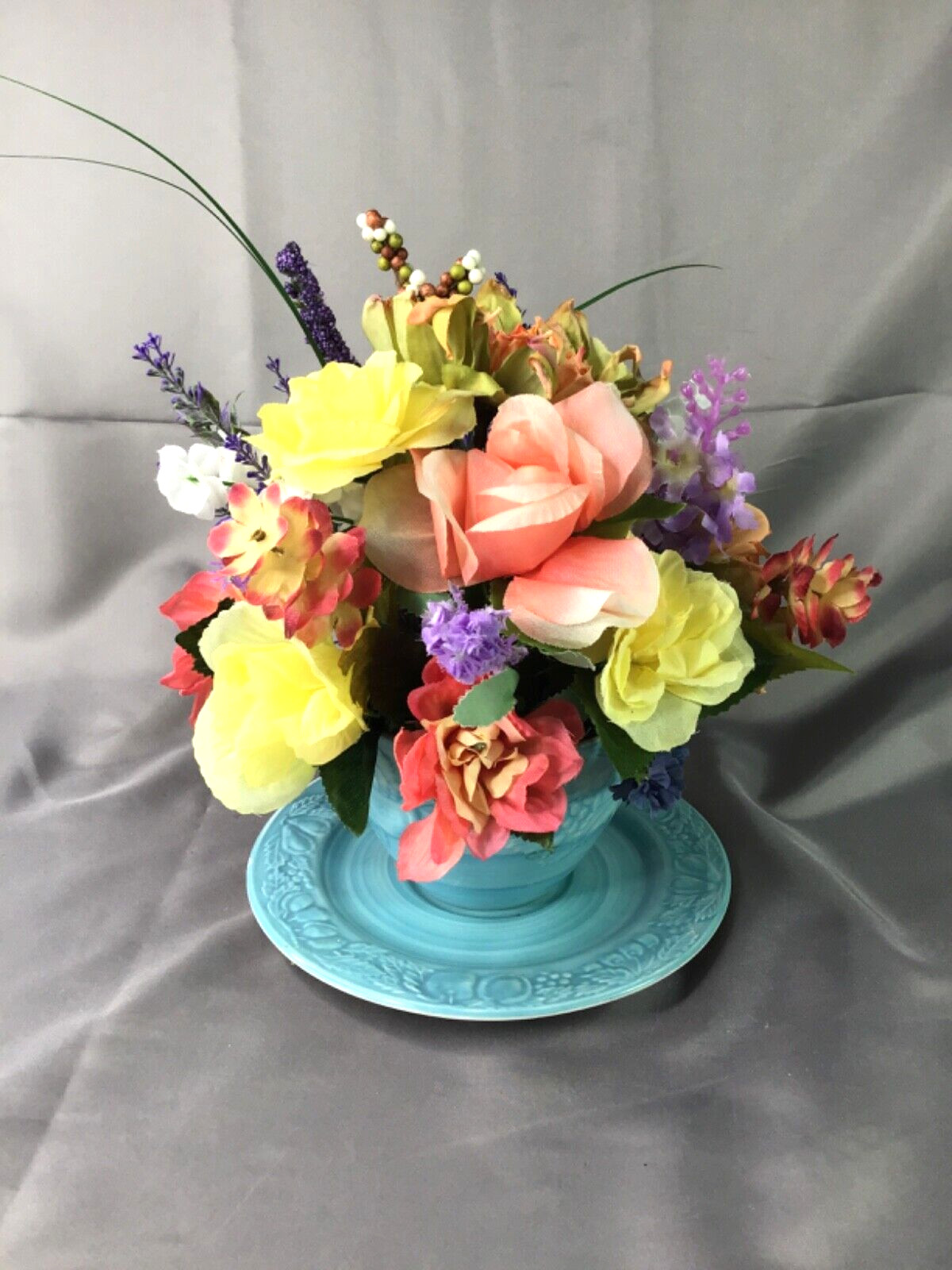 Vintage Sky Blue Oversized Cup & Sauce Coral Yellow Lavender Flower Arrangement