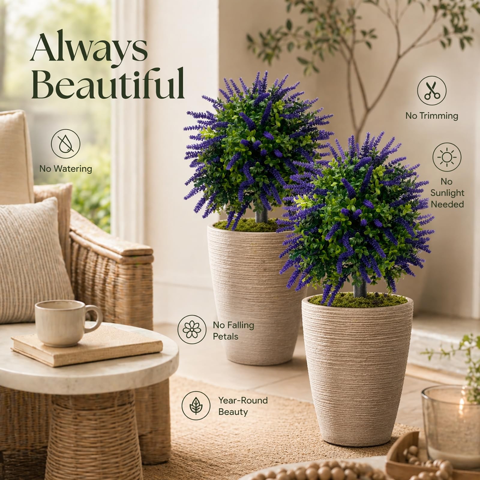 Artificial Lavender Topiary Set of 2, Faux Bushes for Entryway