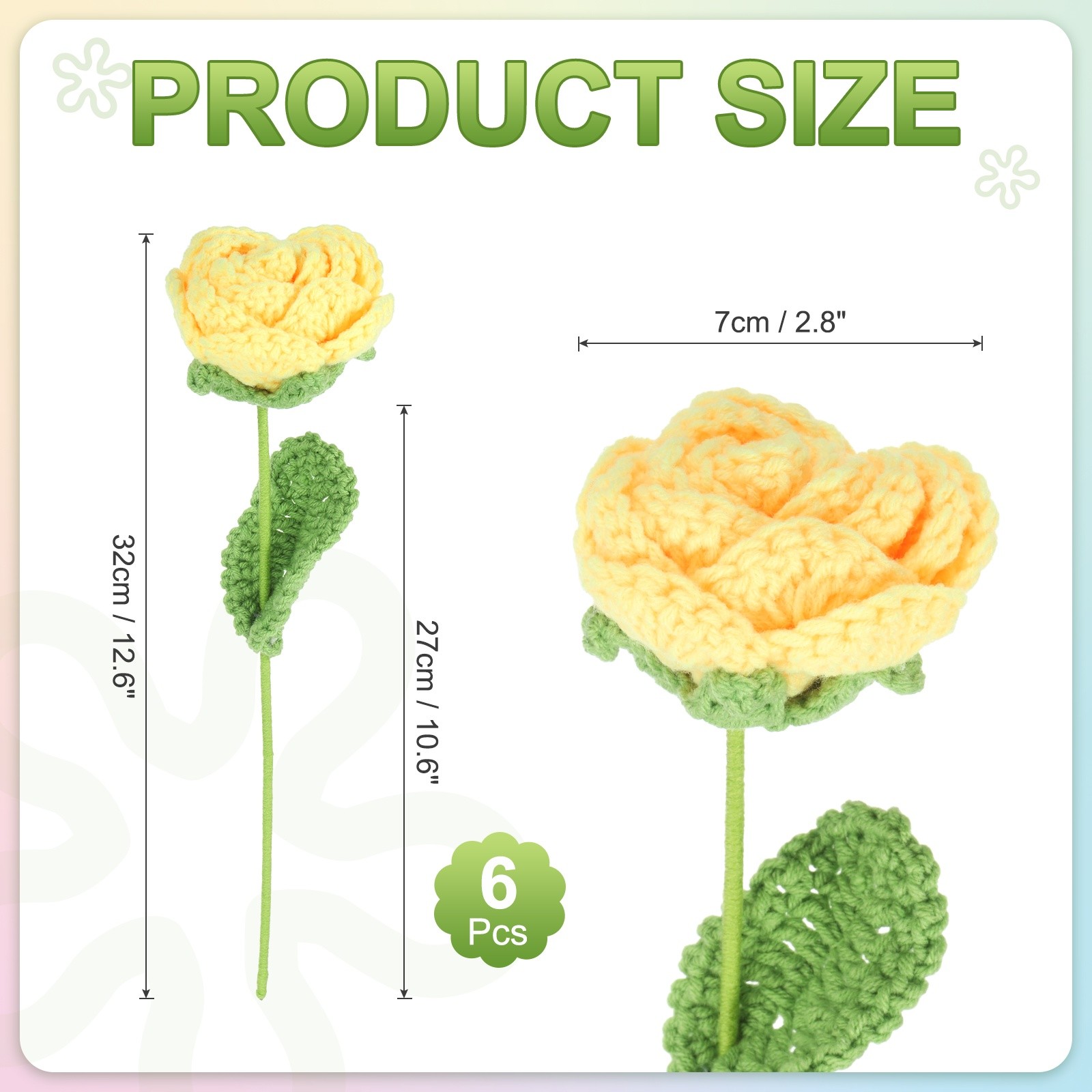 6Pcs Crochet Flower Rose Handmade Knitted Bouquet Yellow]