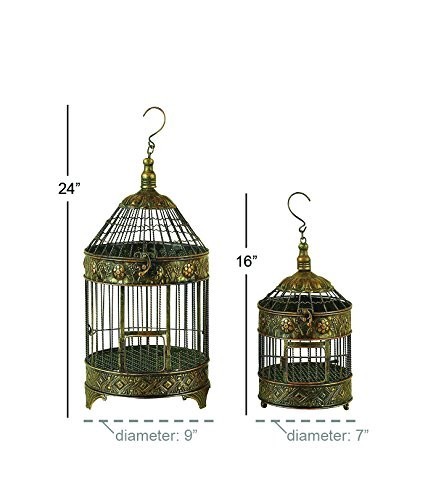 Antique Metal Floral Birdcage Set of 2 – Twisted Rod, Latch Closure, Hanging Hoo