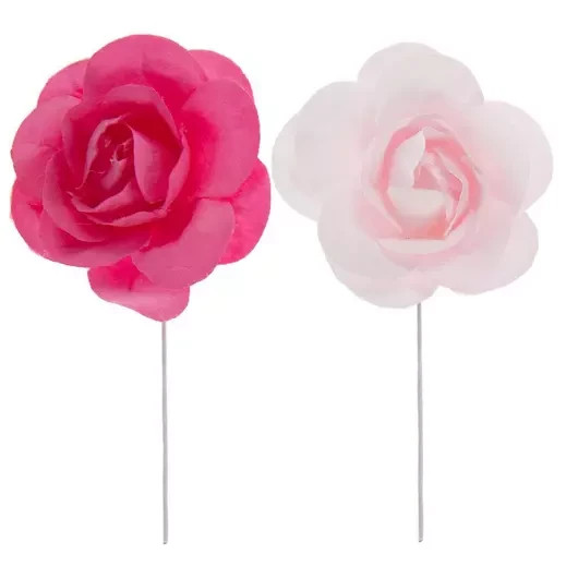 New 12 PCS Mini Dark & Light Pink Paper Roses with Thin White Stem Crafting