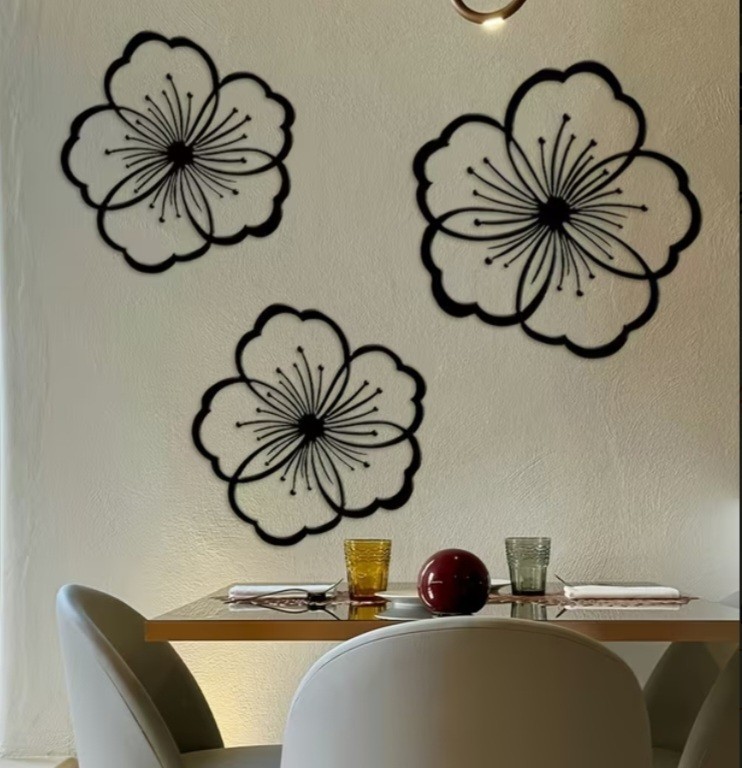 Set of 3 Black Metal Flower Wall Decor – Floral Garden Fence Art Indoor Outdoor