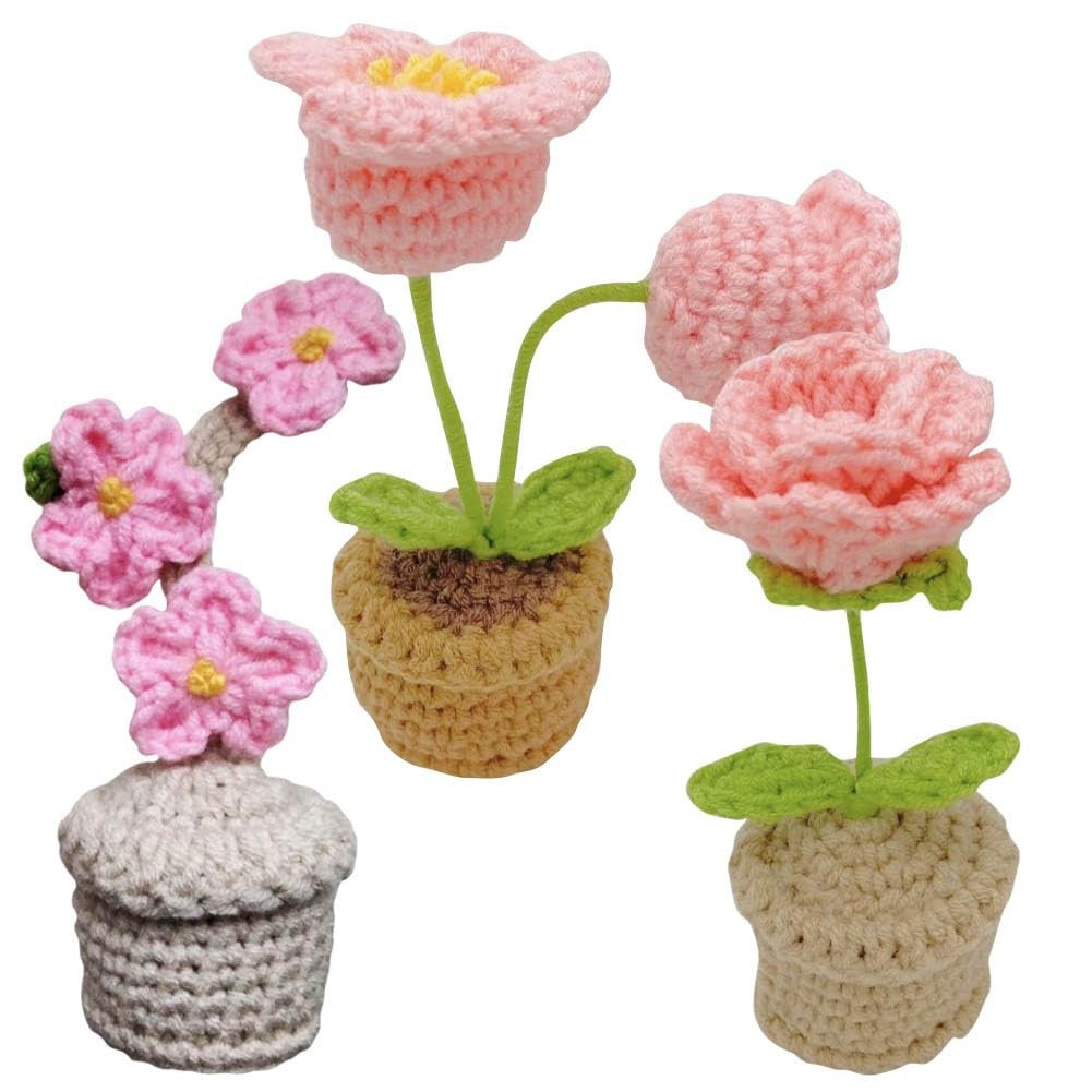 3PCS Mini Crochet Rose Potted Plant,Hand Knitted Pink Plum Blossom Lily of Th…