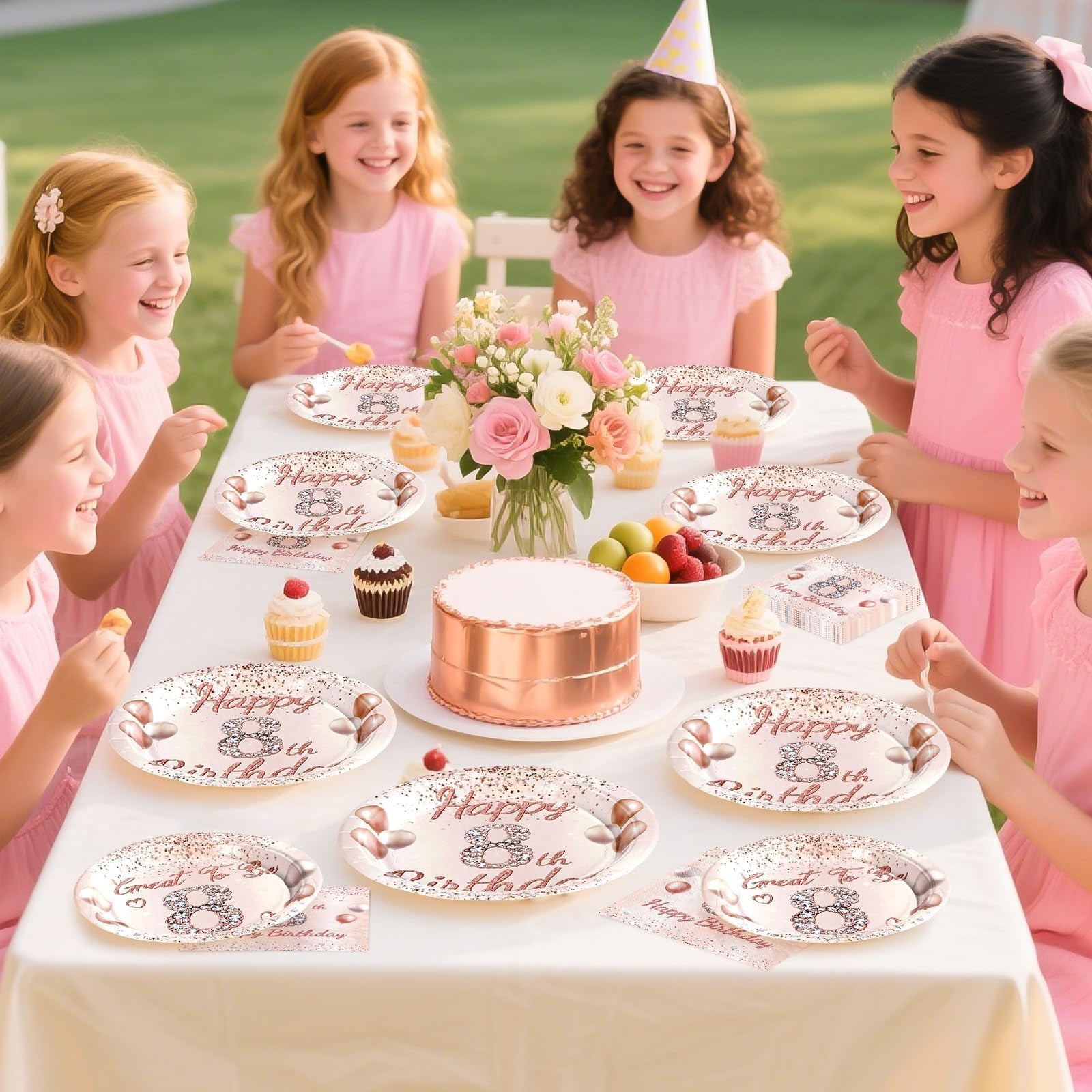 8th Birthday Party Supplies Girls Rose Gold Plates Napkins Tableware 96 PCS