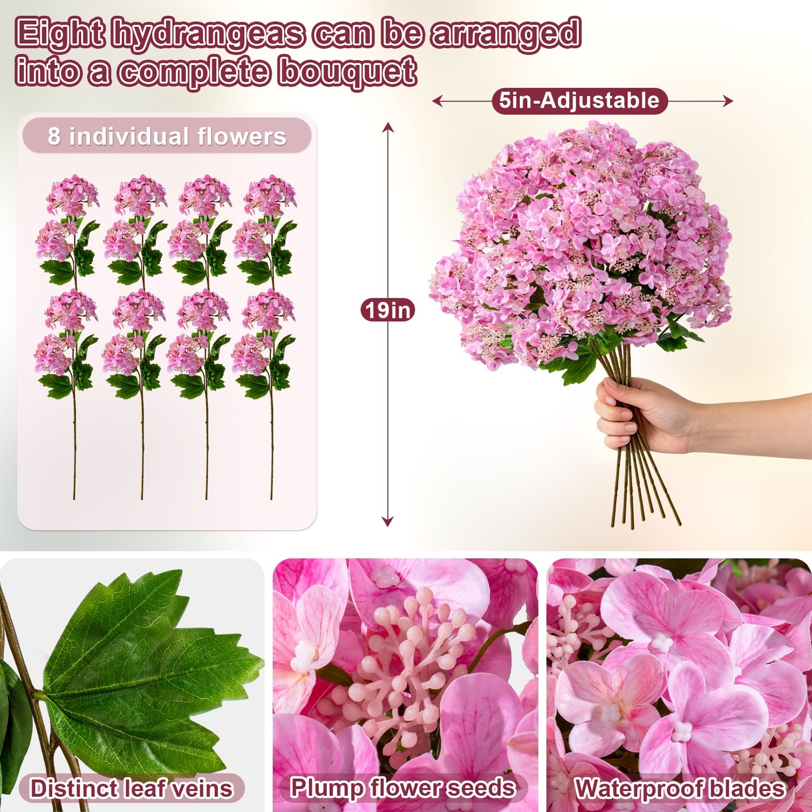 8Pcs Real Touch Hydrangea Pink Hydrangea Artificial Flowers Silk Hydrangea Fl…
