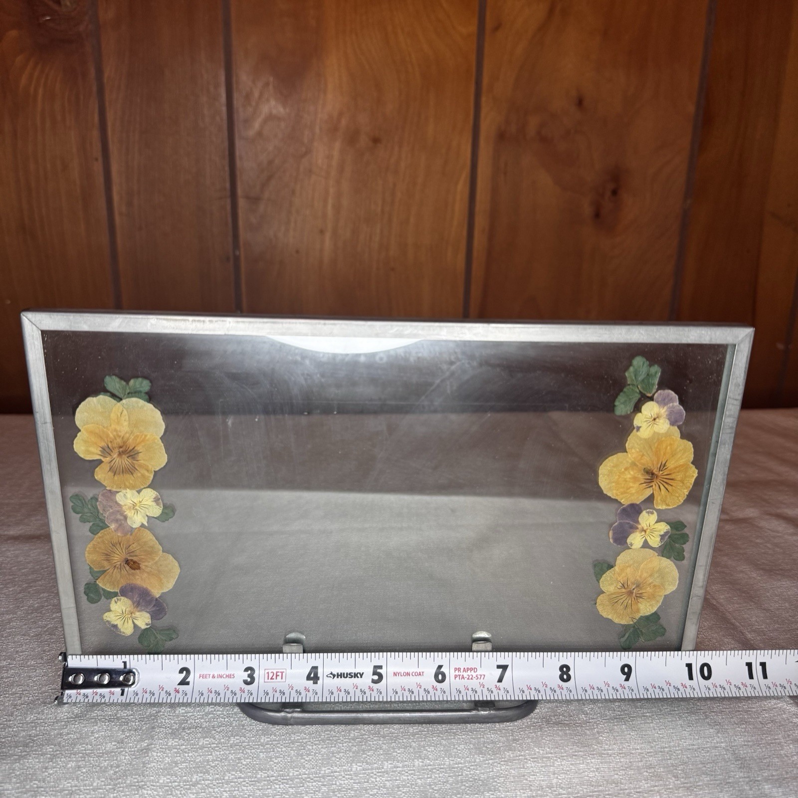 Vintage Pressed Pansy Flower Art Glass Panel Metal Stand Botanical Decor