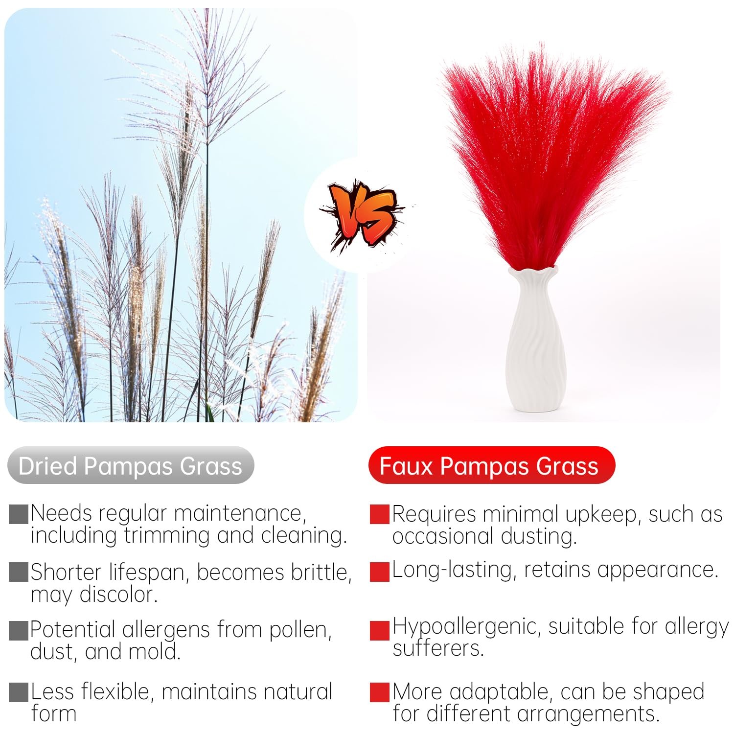 21.7 Inch Red Artificial Faux Pampas Reed Grass Vase Filler Decor 20 PCS