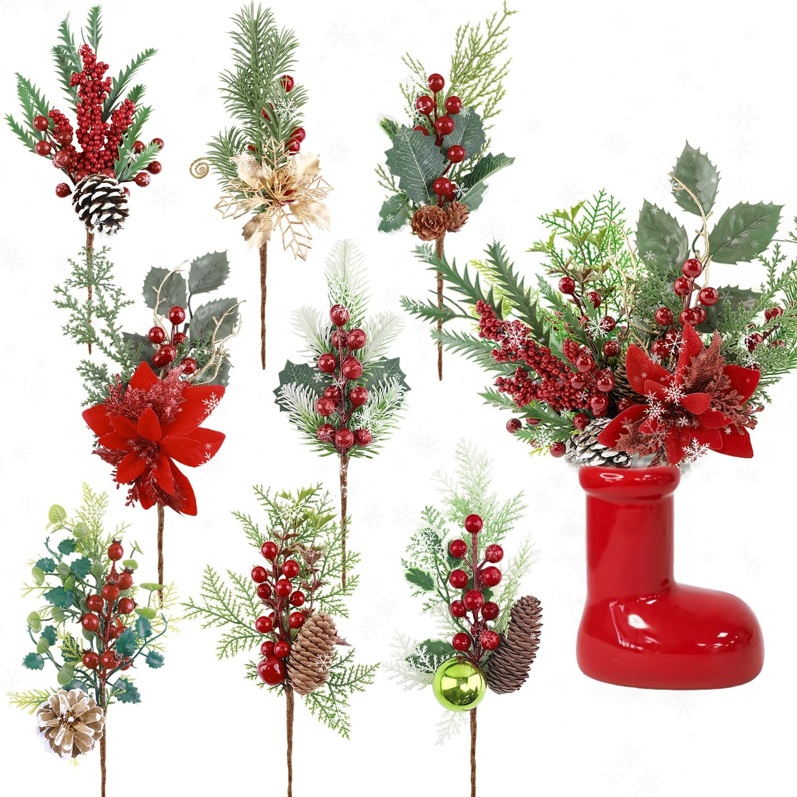 Artificial Christmas Picks 8 Pack Red Berries Stems Evergreen Faux Pine Branc…