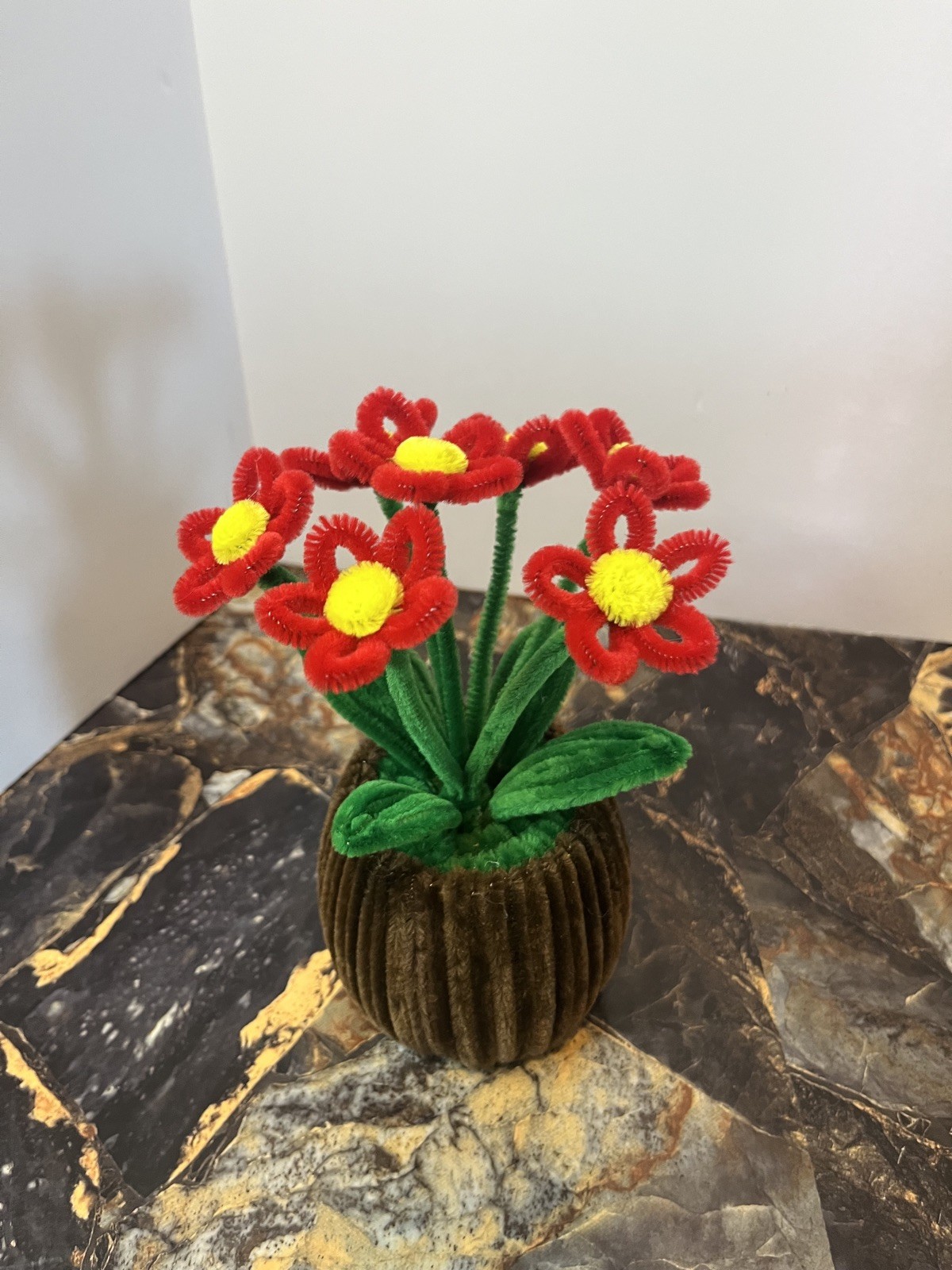 Handmade Pipe Cleaner Flowers in Brown Pot –Red &Yellow Artificial Craft Bouquet