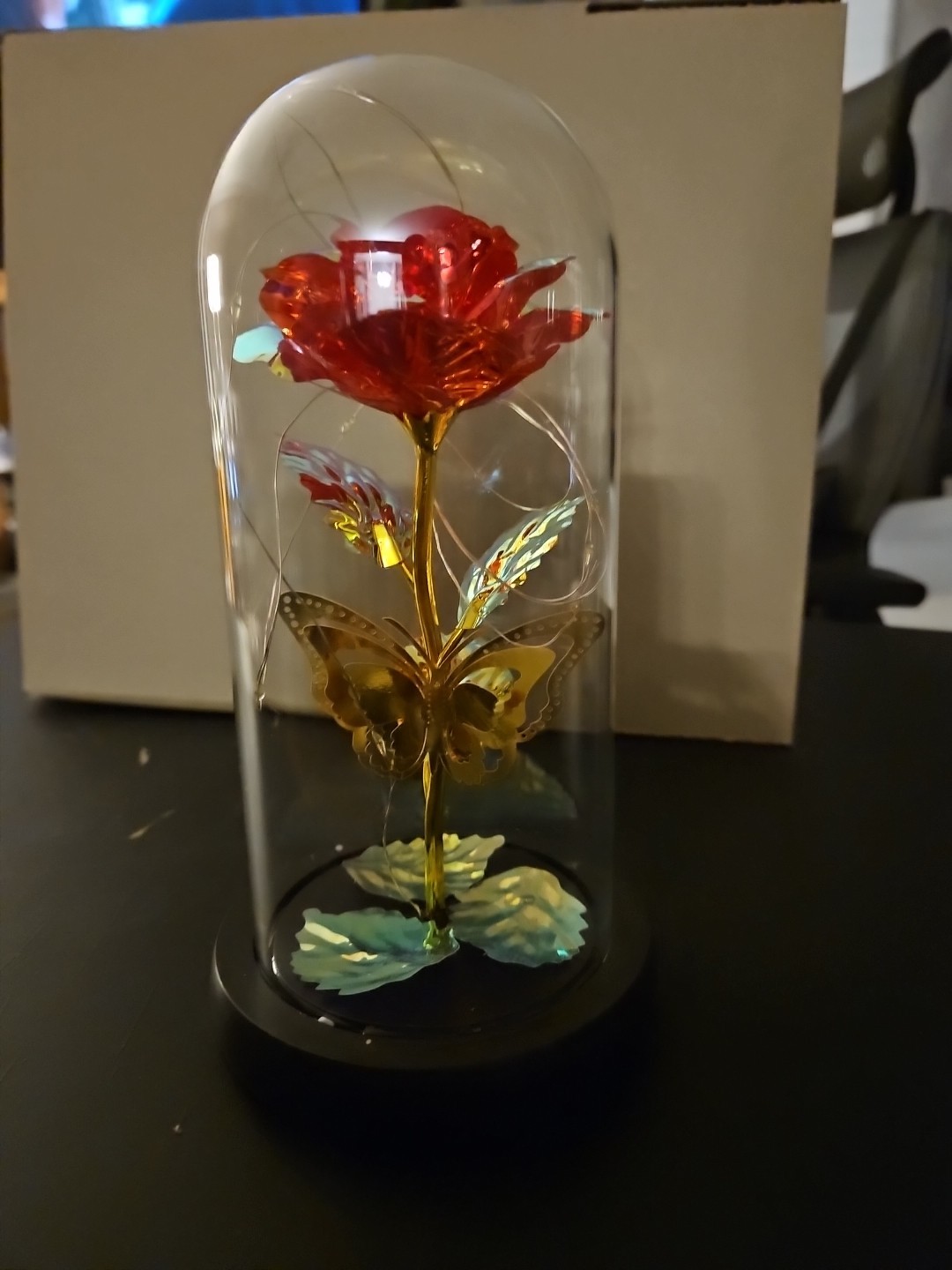 LED Red Rose, Butterfly Glass Dome. Tested Batteries
