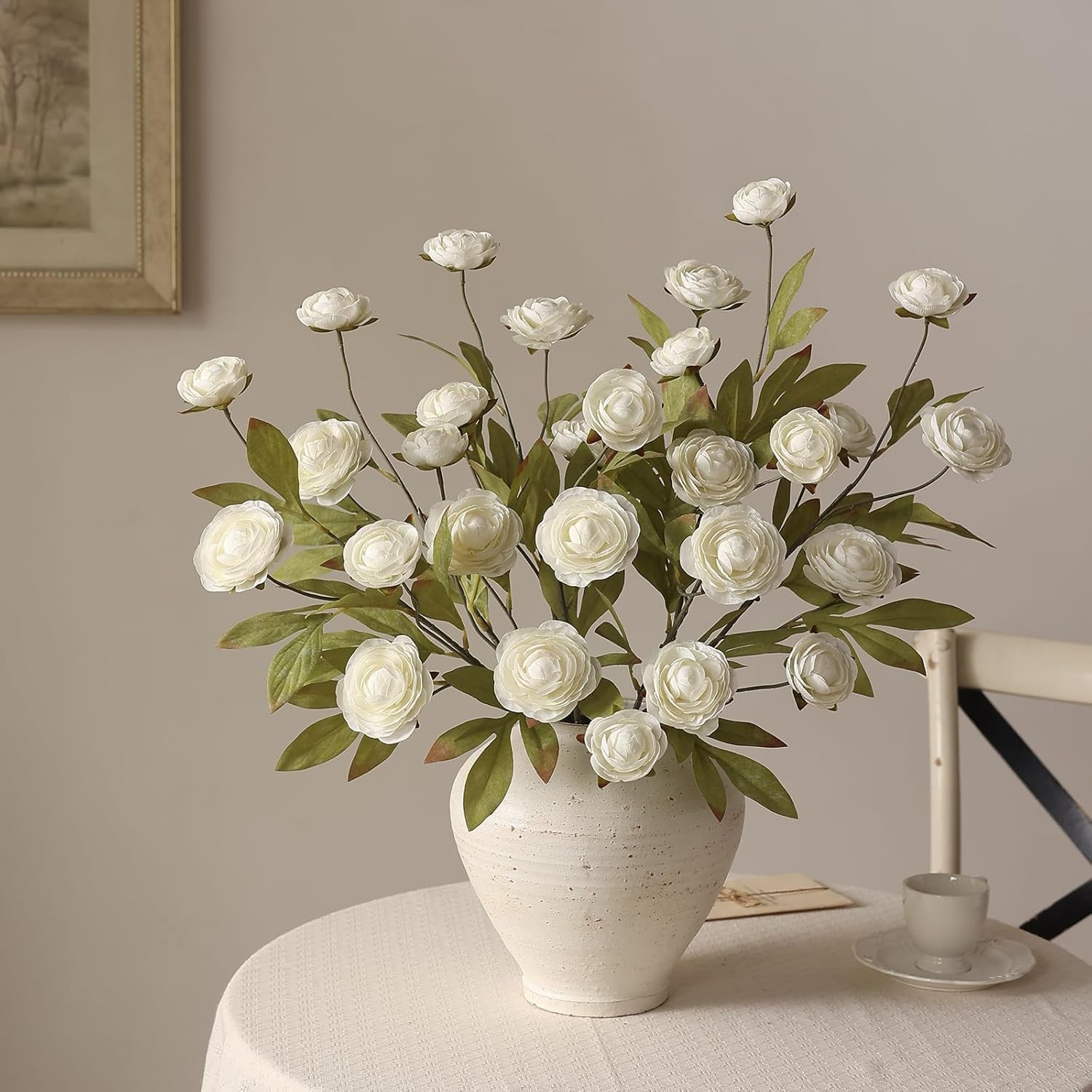 6 PCS Realistic Cream Ranunculus Stems for Home Decor & Centerpieces