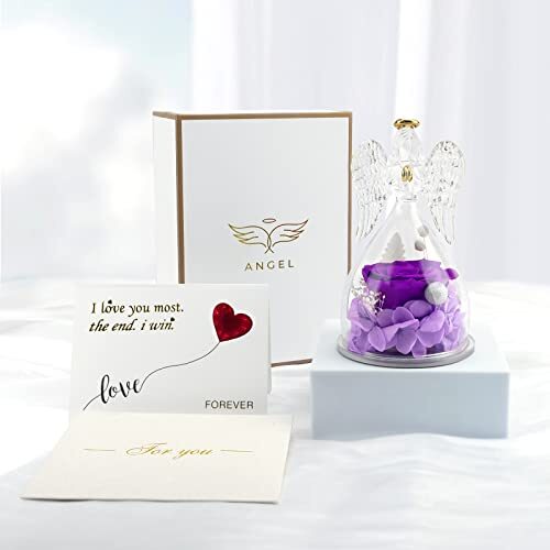 Mom Birthday Gifts for Mom Grandmas, Angel Figurines with Real Rose Purple