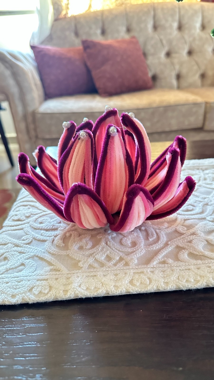 Pipe Cleaner Water Lily Flower Handmade LED Table Lamp Night Light Gift Decor